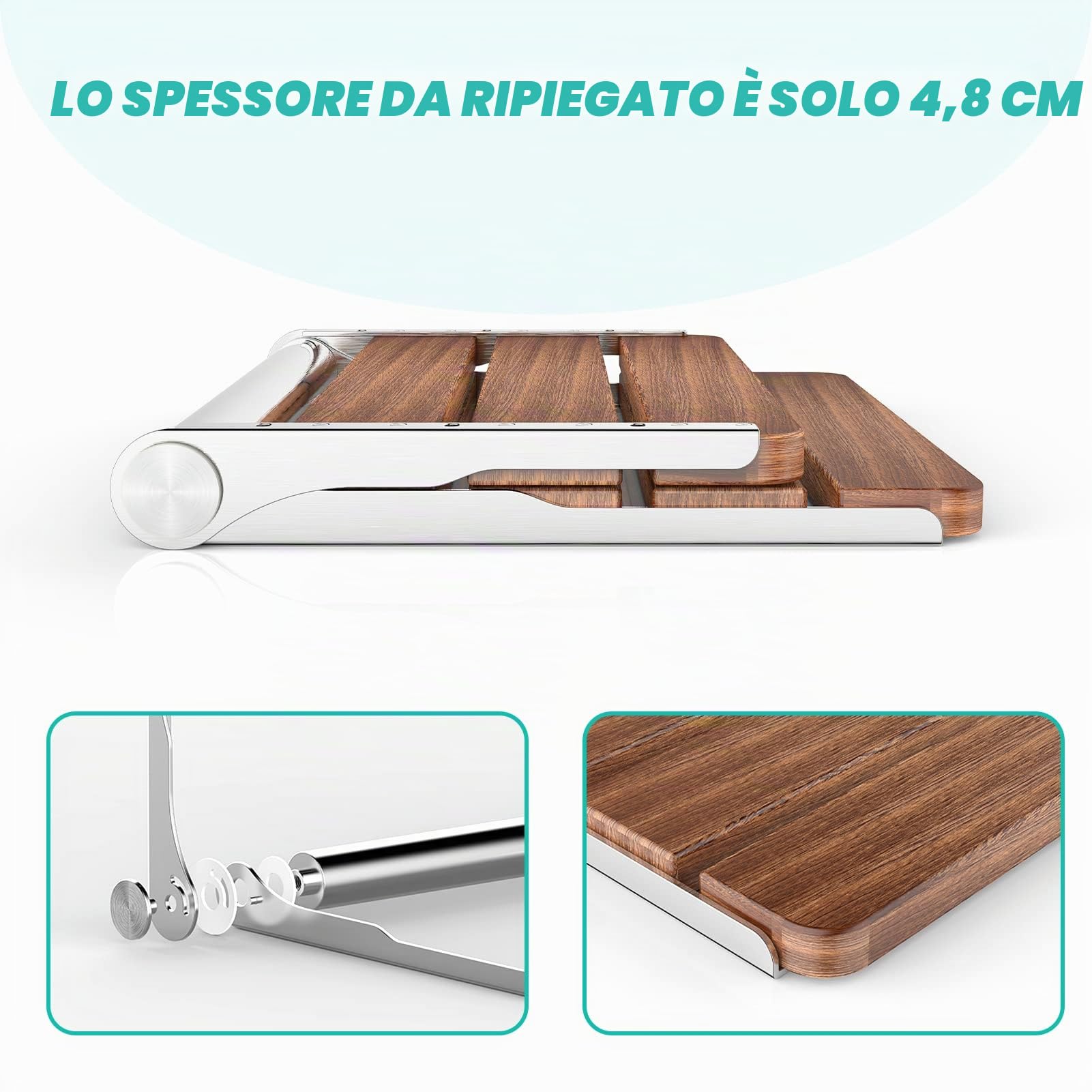 Sedia Doccia Pieghevole a Muro - Portata 200kg Schienale Ergonomico, Antiscivolo Anziani/Disabili, Panca Pieghevole Legno Sapeli