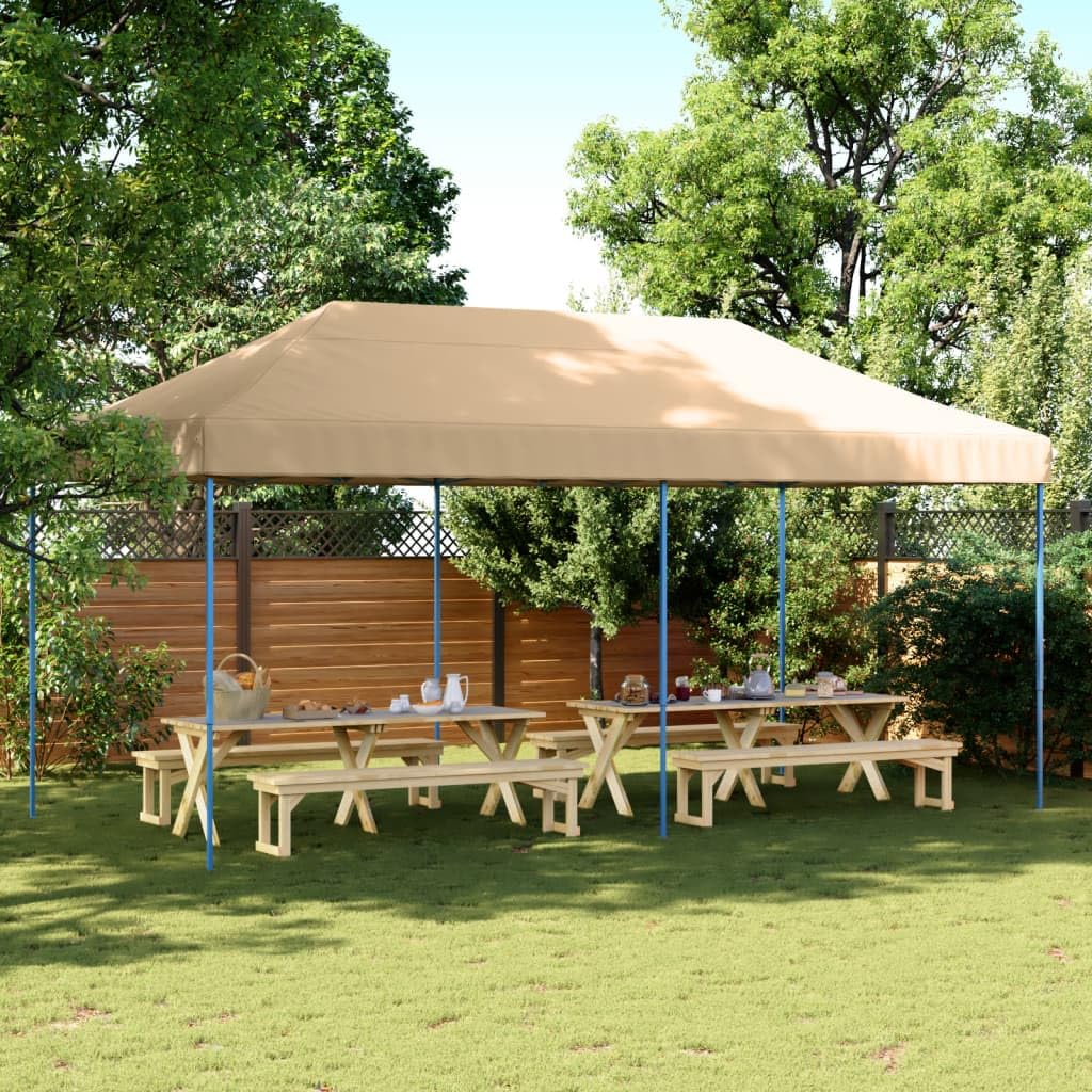 Namiot imprezowy składany Pop-Up beżowy 580 x 292 x 315 cm z malowaną proszkowo ramą stalową, dach z tkaniny Oxford, 12 szpikulców do wbijania w ziemię, idealny do ogrodu, na taras, kemping