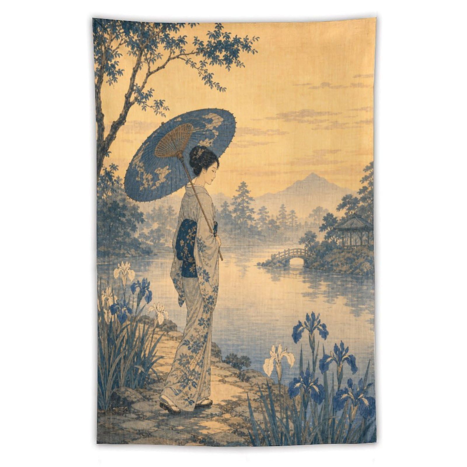 H3B8U2Y5 Woman with Parasol by Lake Wall Tapestry, Ukiyo-e, Asian Sunset