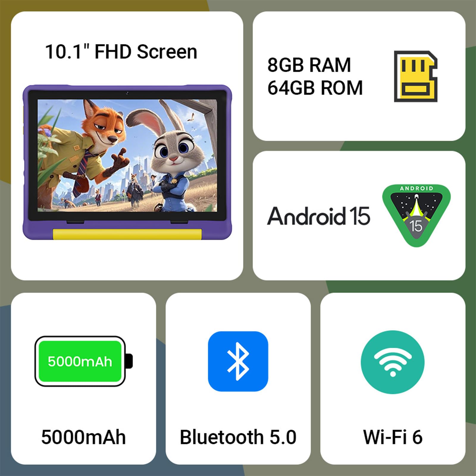 UEMXDOX Tablet per bambini, Android 15 2025 per bambini dai 3 anni in su, 8 GB+64 GB, espandibile fino a 512 GB, touch screen da 10 pollici con custodia, WiFi 6, BT5, controllo genitori preinstallato