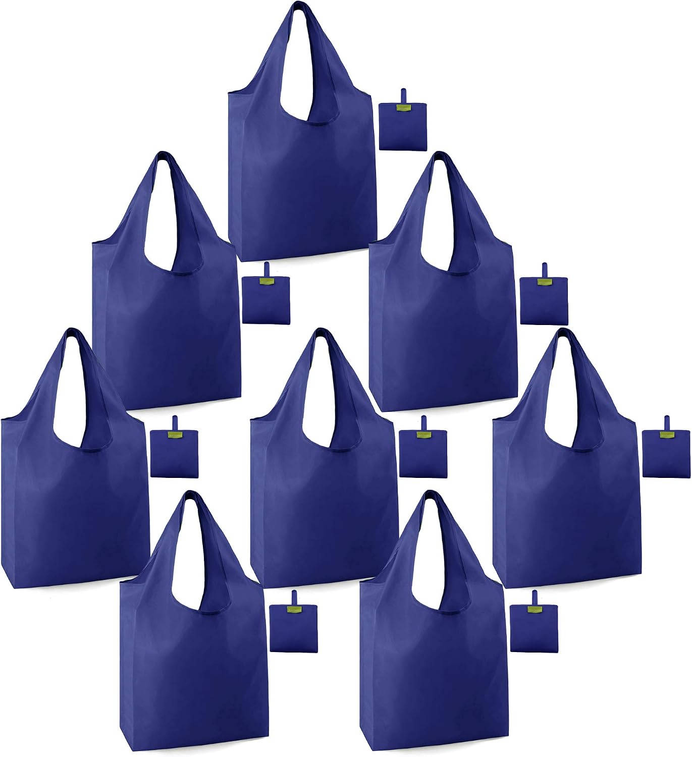 Dark Blue Reusable Grocery Bags 8 Pack Bulk Folding Convenient with Little Attached Pouch Durable Shopping Totes Machine Washable Solid Color