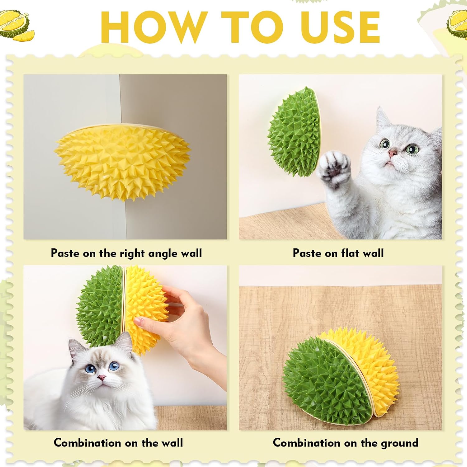 Hiboom 2 Pcs Cat Wall Corner Scratcher Durian Shaped Self Groomer Face Scratcher Massage Comb Grooming Brush Tool for Indoor Long & Short Fur Kitten Dogs, Green and Yellow