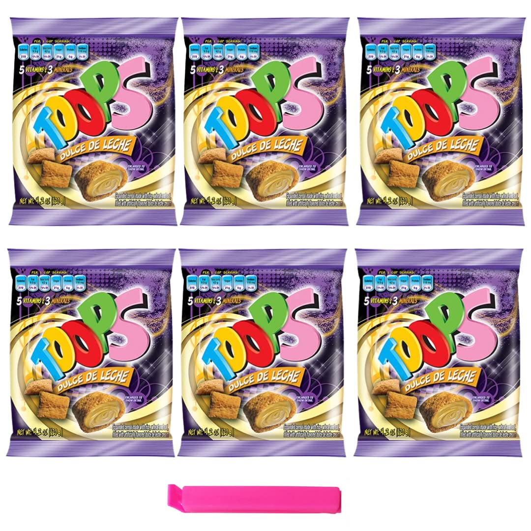 TOOPS Dulce de Leche Breakfast Cereal Snacks candy Foods for kids, Bags Single Serve High vitamins 4.2 Oz (6 Packs) + HOMESTUFF Food Sealing Clips Bag Sealers
