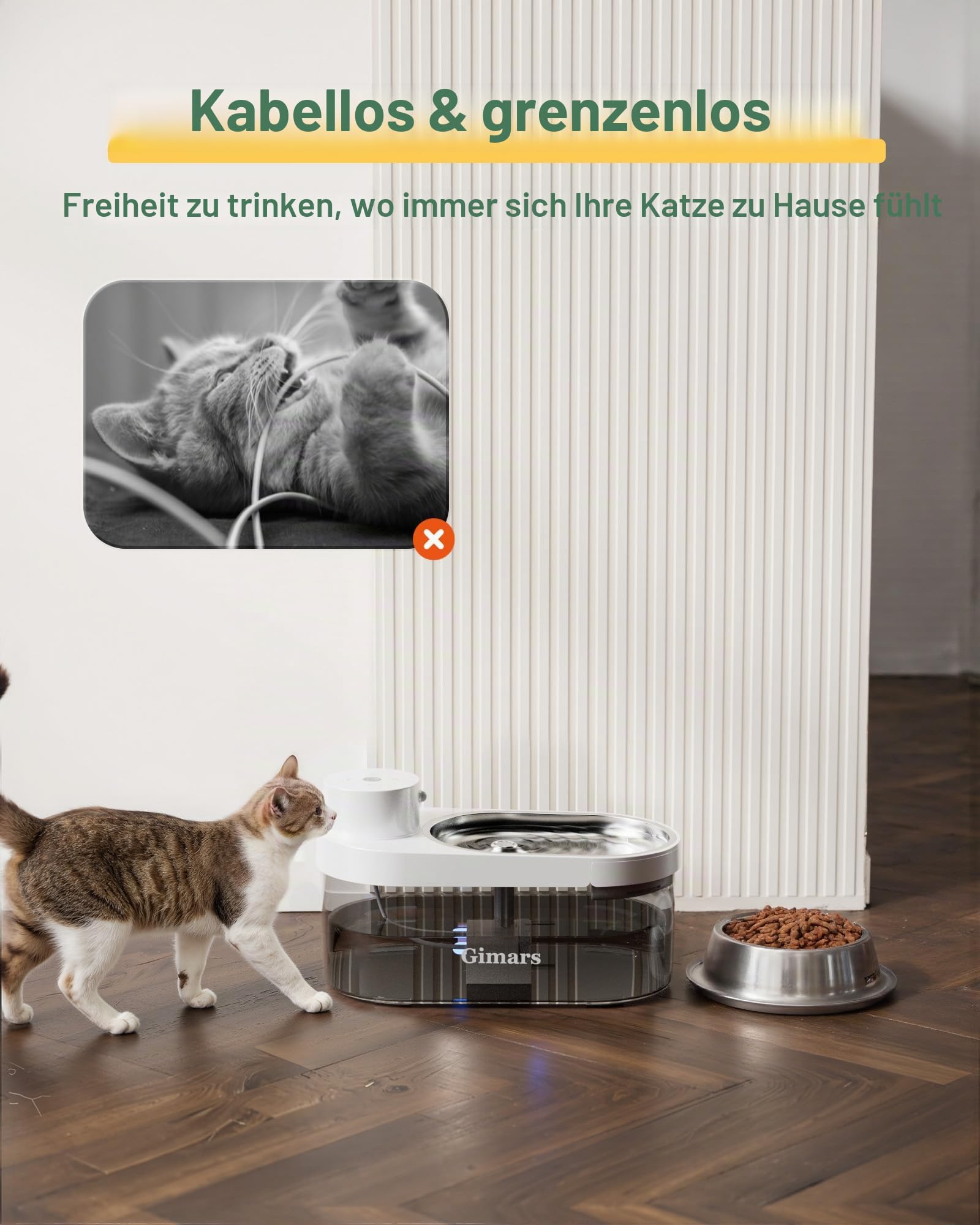 Gimars 4L UltraLeiser BPA-frei Katzenbrunnen Kabellos mit Bewegungsmelder, 5000mAh Akku, Trinkbrunnen für Katze Kabellos, Wasserbrunnen für Katzen mit Sensor, Katzentrinkbrunnen ohne Kabe