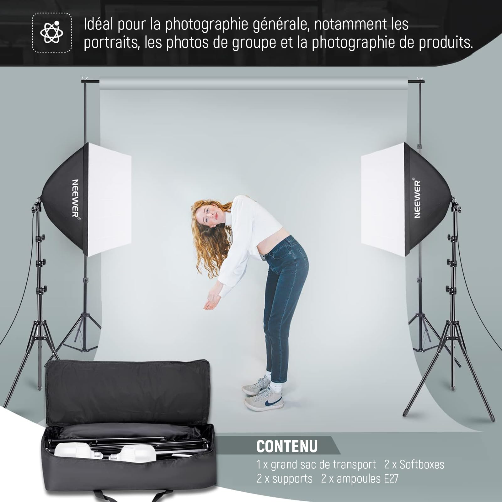 NEEWER Kit d'éclairage Softbox équivalent 700W avec Douille E27, 2 Ampoules LED 5700K 60x60cm Parapluie Softbox éclairage Continu pour Photographie de Portraits, Produit de Studio Photo et Vidéo