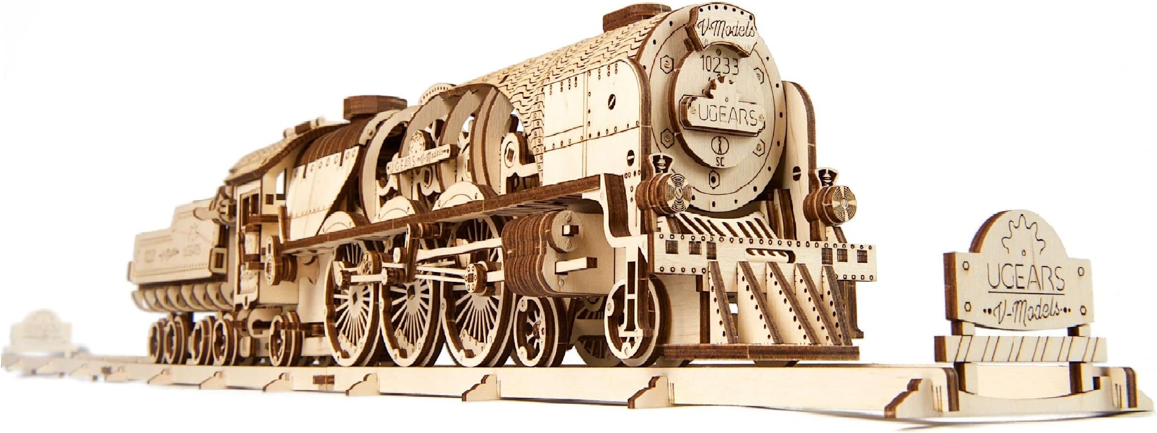 Ugears 3D Puzzle Train V-Express Steam Train with Tender Antique Train Engine for Adults | Steam Engine Train Models to Build | STEM Learning DIY Train Set for Adults - Wooden Train Puzzles for Kids