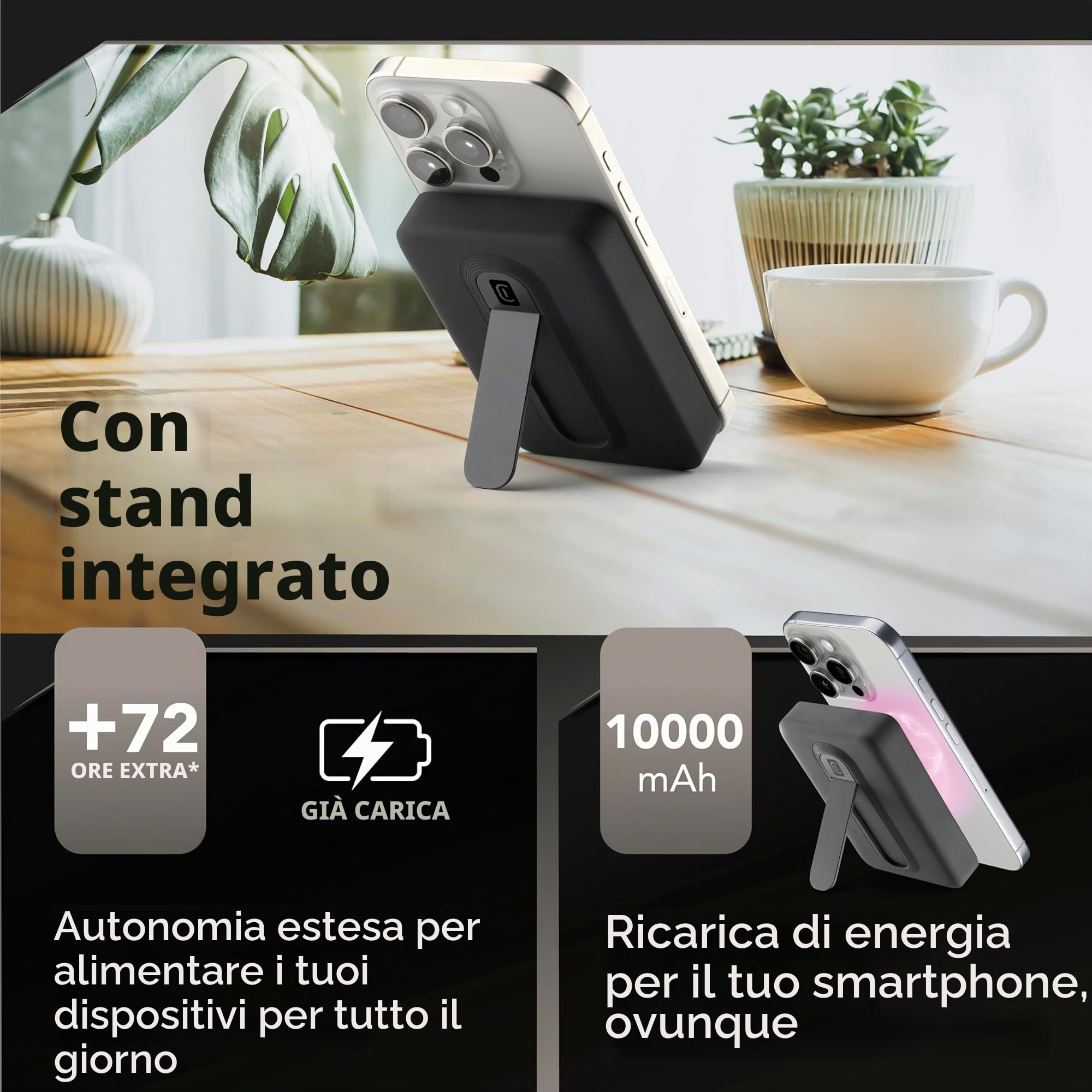Cellularline Power Bank 10.000 mAh Qi2 15W con Stand Integrato e USB-C 20W – Soft-Touch, Mag Stand - Nero