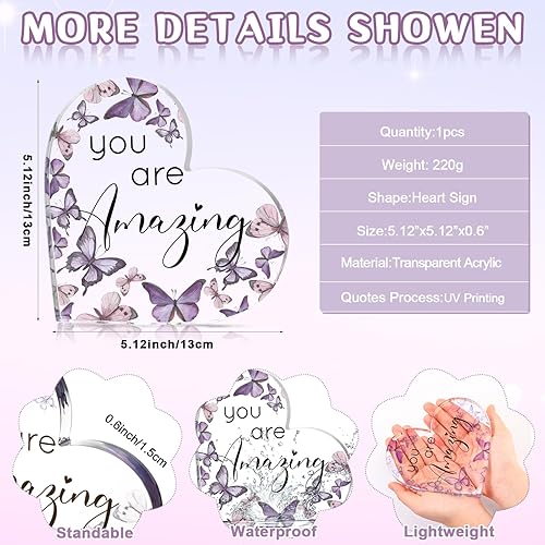 Miniatura 2 de Yulejo Regalo inspirador con texto en inglés You Are Amazing Gift con forma de corazón de acrílico con mariposas rústicas, centro de mesa, mesa,