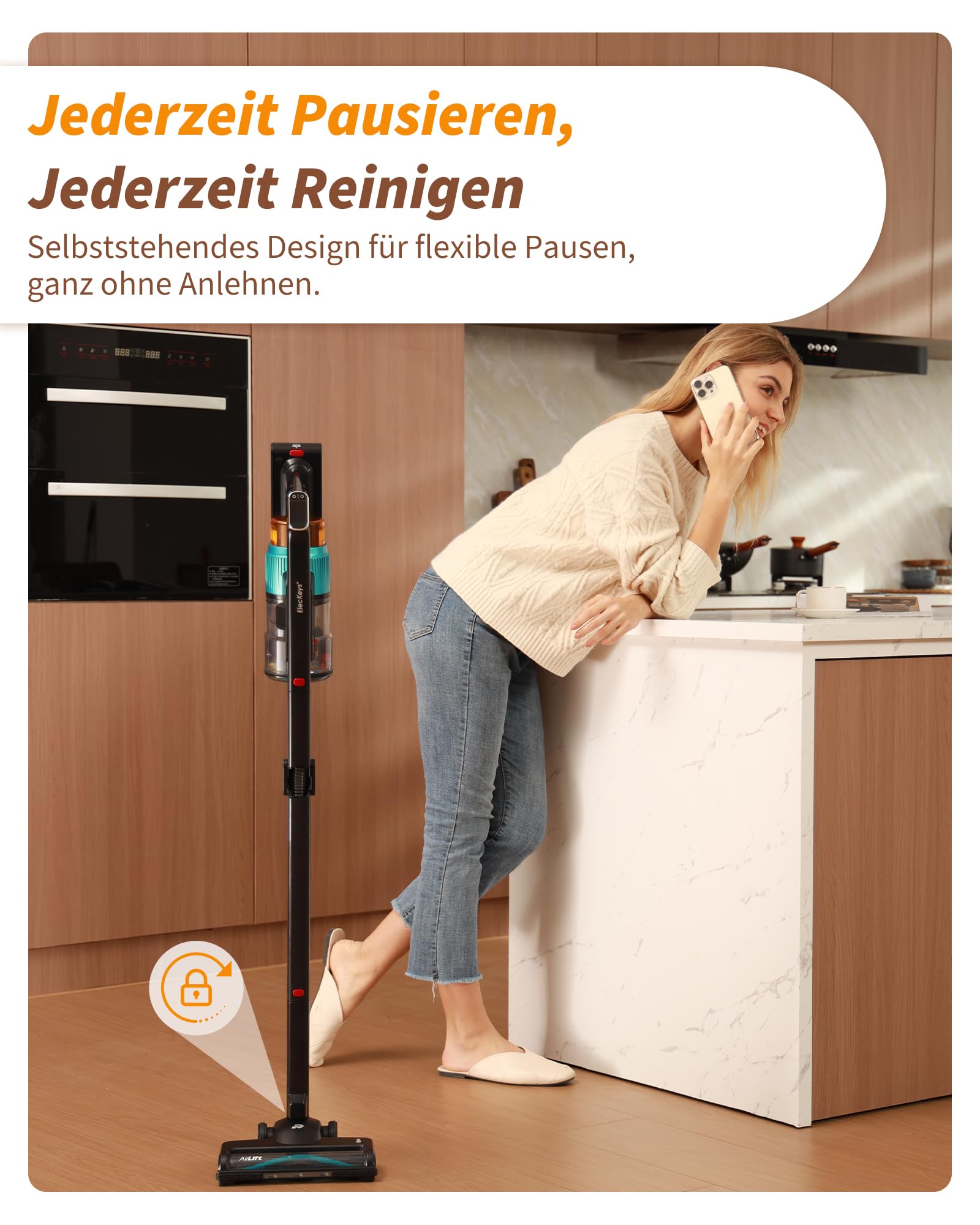 ElecKeys Akku Staubsauger 55000Pa/650W/65Min, Staubsauger Kabellos mit Lade-/Aufbewahrungsstation, Faltbar, Selbststehend, Anti-Tangle-Bürste, Akkustaubsauger für Tierhaare Teppiche Hartböden Auto