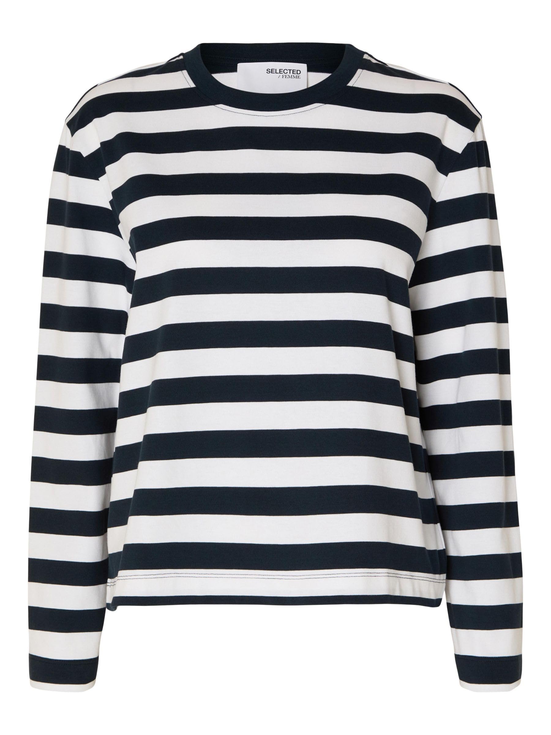 SELECTED FEMME Womens Slfessential Striped Boxy Tee Noos Longsleeve T - Shirt, Dark Sapphire, L UK