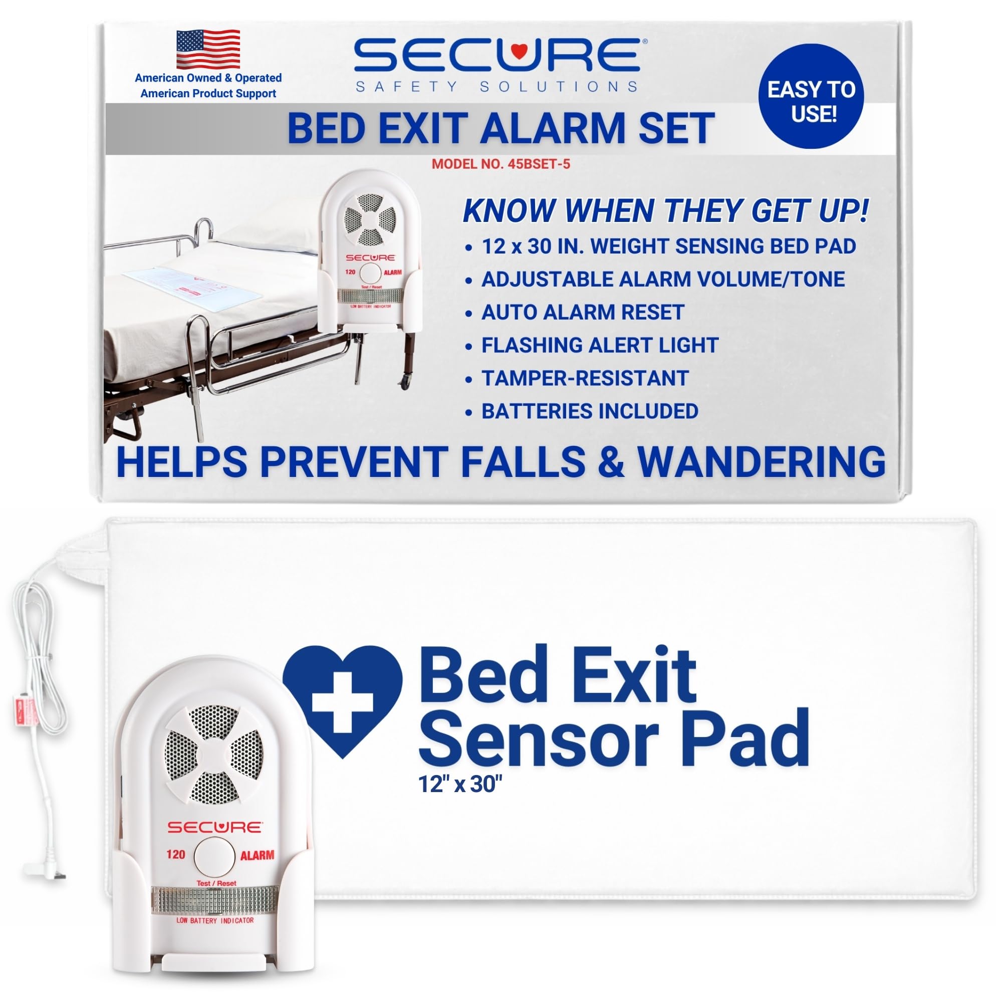 Secure Safety Solutions Bed Exit Alarm for Elderly Adults - Caregiver Alert Monitor,12x30 Weight Sensing Pressure Pad - Fall Prevention for Seniors, Dementia Patients, Know When They Get Up