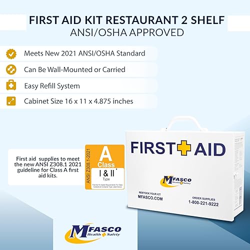 Miniatura 9 de MFASCO Kit de primeros auxilios para restaurante OSHA Clase A 2021, caja de plástico con goma sellada, incluye vendajes azules y suministros para el