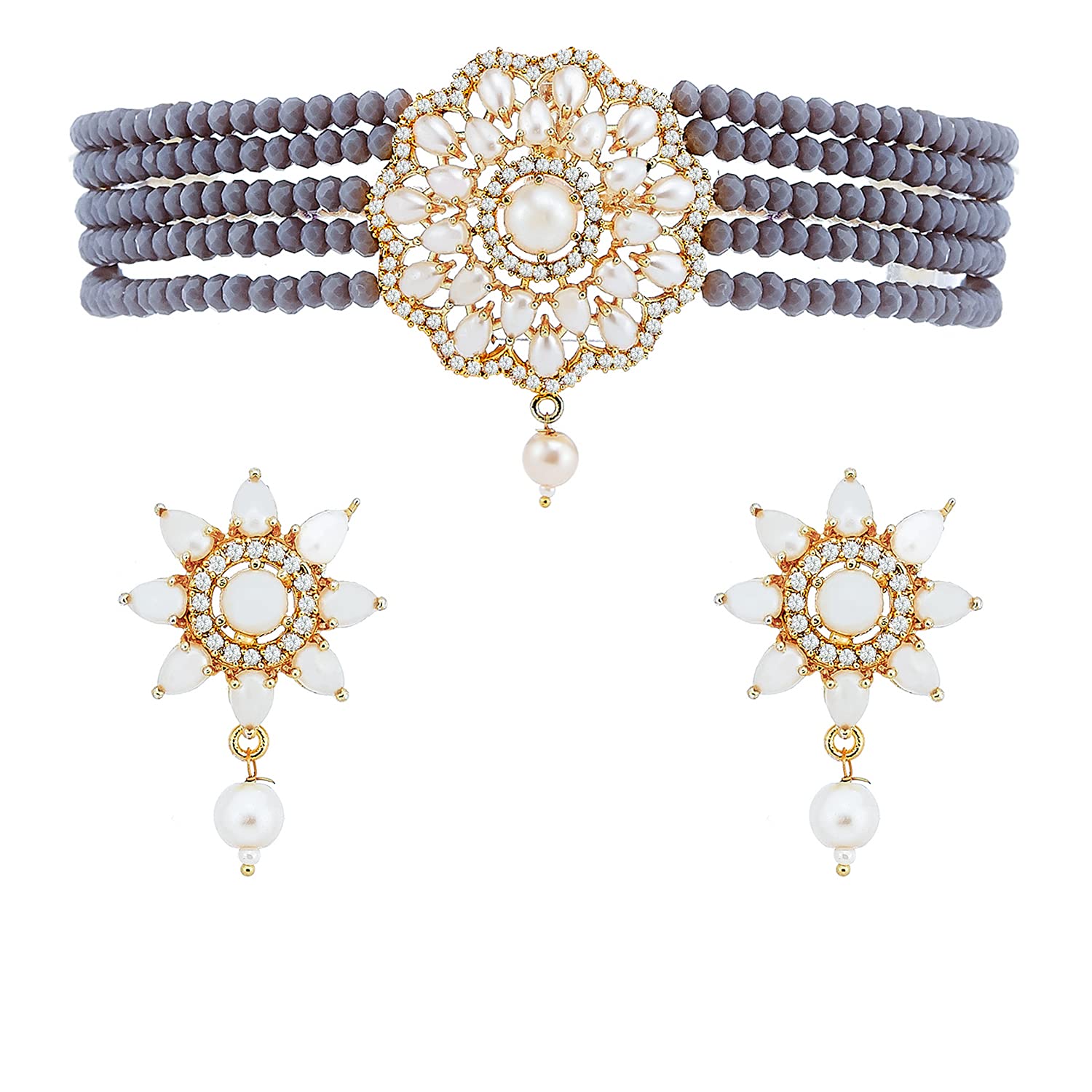 ZENEME Necklace Gold Plated American Diamond Choker Necklace Beaded With Earring Set Jewellery Set for Women & Girls (Grey) (B09GFVMV4T) Amazon Price History, Amazon Price Tracker