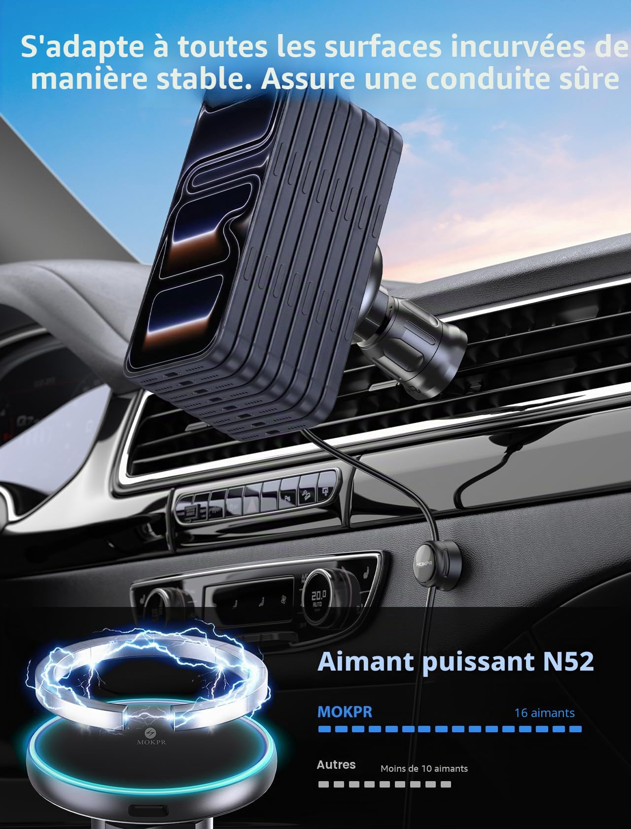 MOKPR 15w Support Telephone Voiture pour Magsafe Induction Ensemble, Chargeur Induction Voiture Fixation Tableau de Bord et Grille d'aération pour iPhone 17/16/15/14/13/12 Séries(Noir)