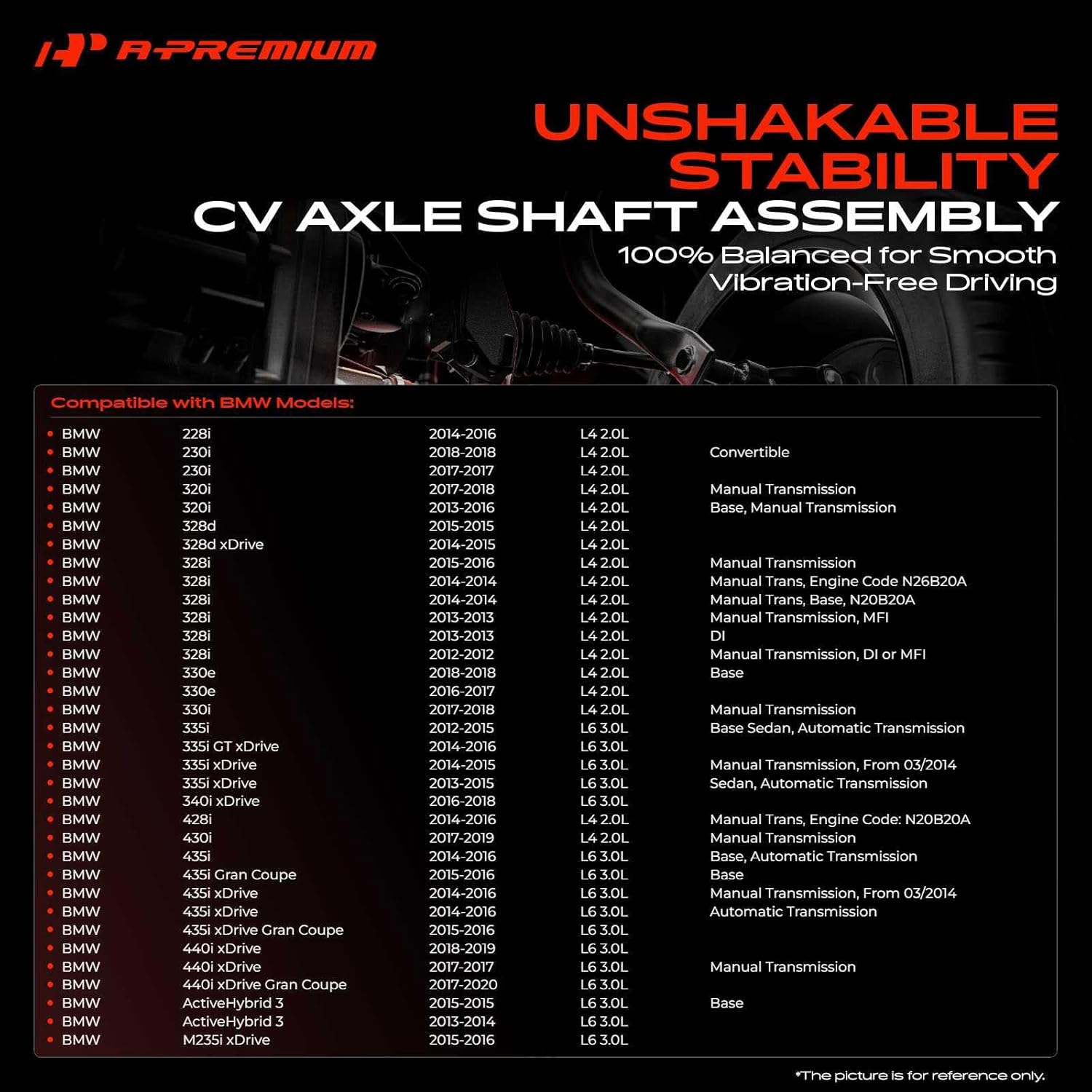 A-Premium CV Axle Shaft Assembly Compatible with BMW 320i, 328d, 328d xDrive, 328i, 330e, 330i, 335i, 335i GT xDrive, 335i xDrive, 340i xDrive, 428i, 430i, 435i, 435i xDrive, Rear Right Passenger Side