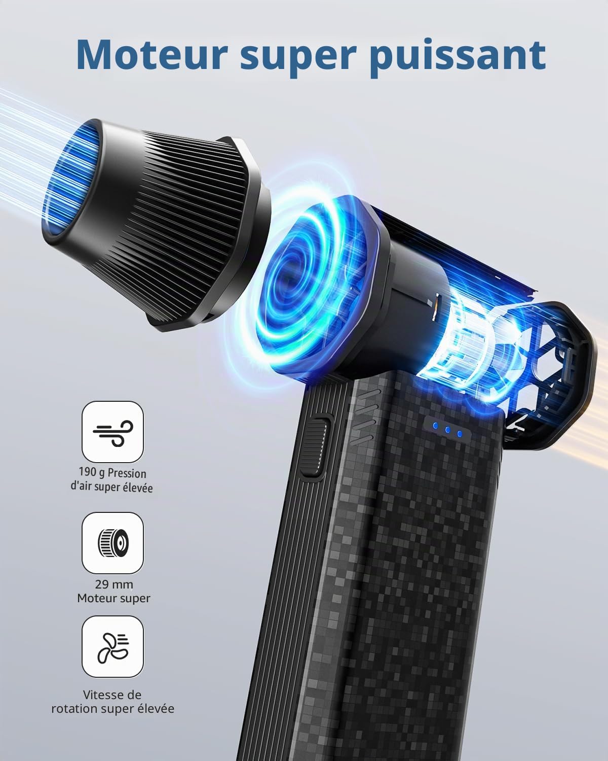 COSANO X113 Souffleur d'air électrique 110 000 tr/min – Dépoussiérant rechargeable 2× 2500mAh, moteur 120W et 3 vitesses réglables, USB-C, alternative aux bombes d'air comprimé pour PC, clavier