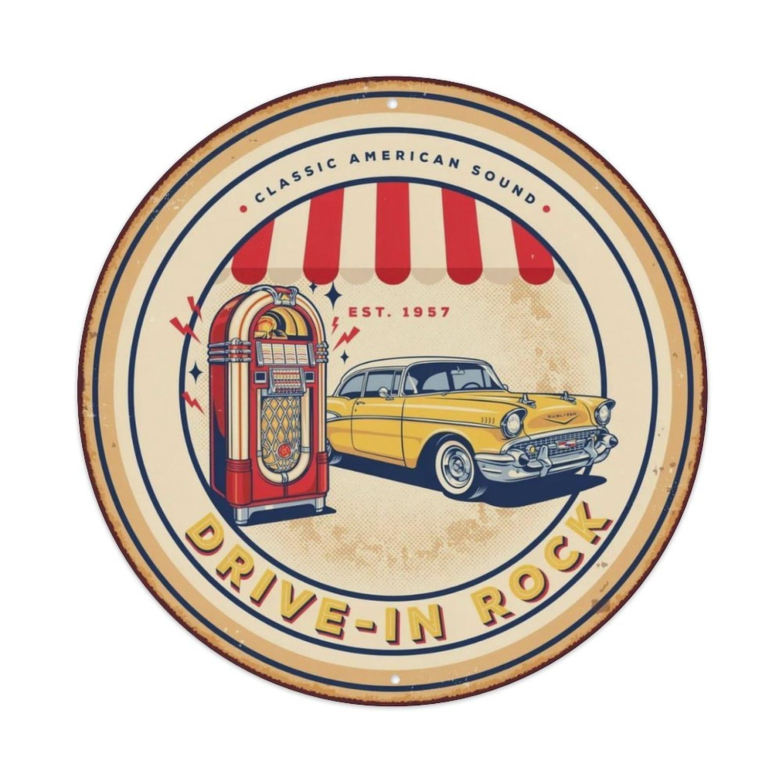 Drive-In Rock Jukebox Classic Car Round Metal Tin Sign Plaque