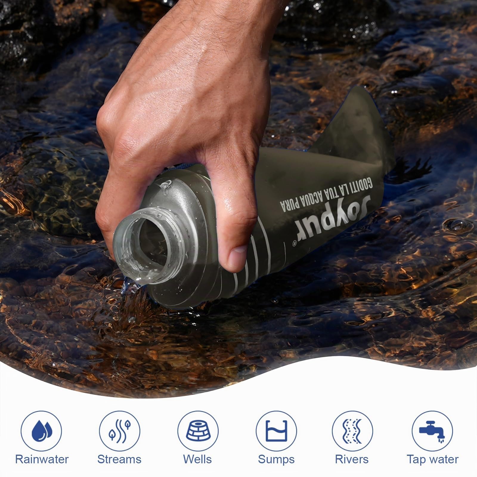 1 L Acqua Flitre Outdoor Survival Camping Bottiglia d'acqua con filtro pieghevole per attività all'aperto (Grigio)