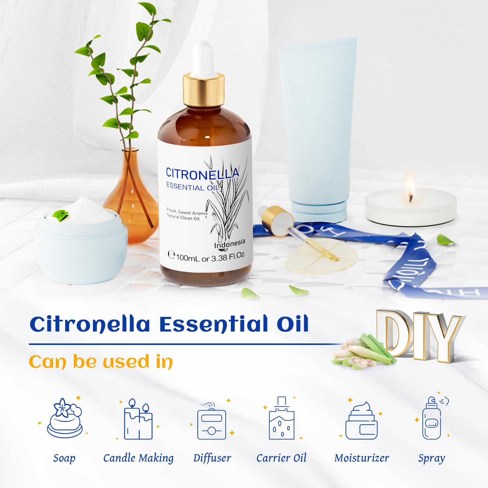 HIQILI 100ML Olio essenziale di citronella per spray fatti in casa, da aggiungere al diffusore 100% puro e naturale non diluito