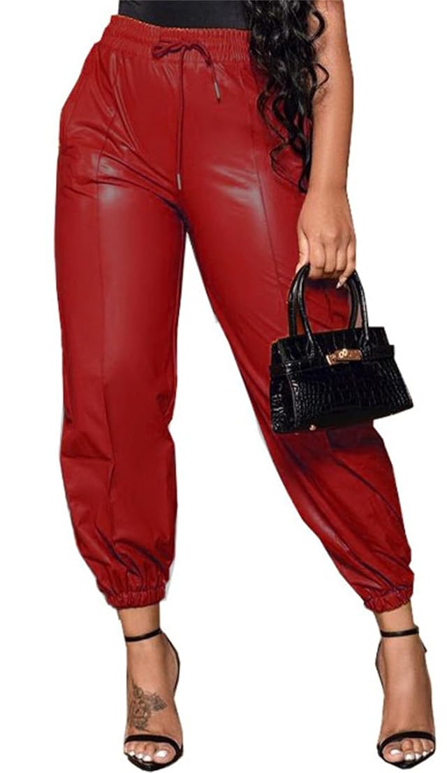 Womens Faux Leather Jogger Pant Casual Elastic Mid Waist Drawstring Joggers Wide Leg PU Leather Trousers