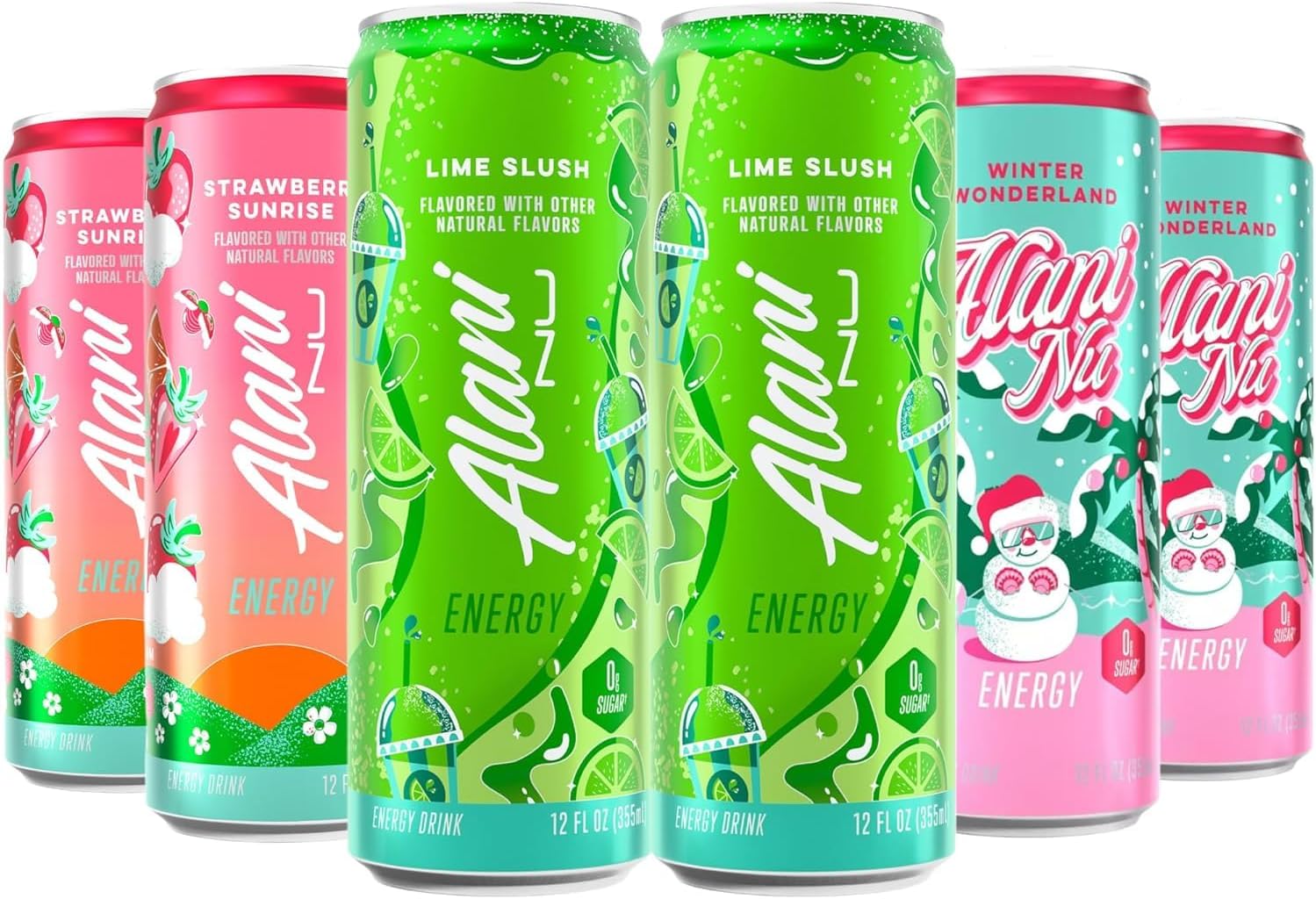 New Alani Energy Drinks Lime Slush, Strawberry Sunrise, Winter Wonderland Variety Pack Sugar-Free, Low-Calorie, 200mg Caffeine, Energy Boost Drink 12 fl oz (Pack of 6) (Packaging May Vary)