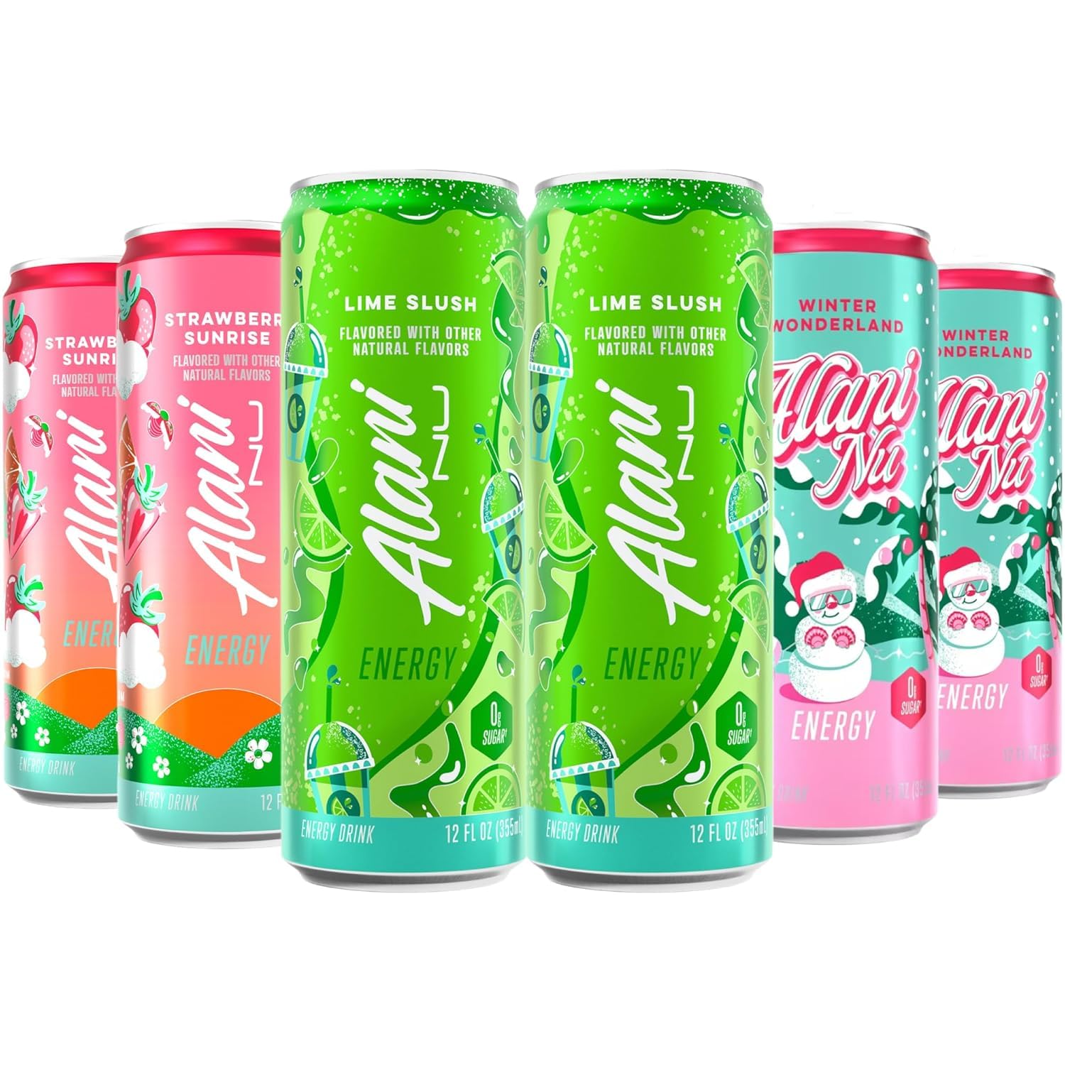 New Alani Energy Drinks Lime Slush, Strawberry Sunrise, Winter Wonderland Variety Pack Sugar-Free, Low-Calorie, 200mg Caffeine, Energy Boost Drink 12 fl oz (Pack of 6) (Packaging May Vary)