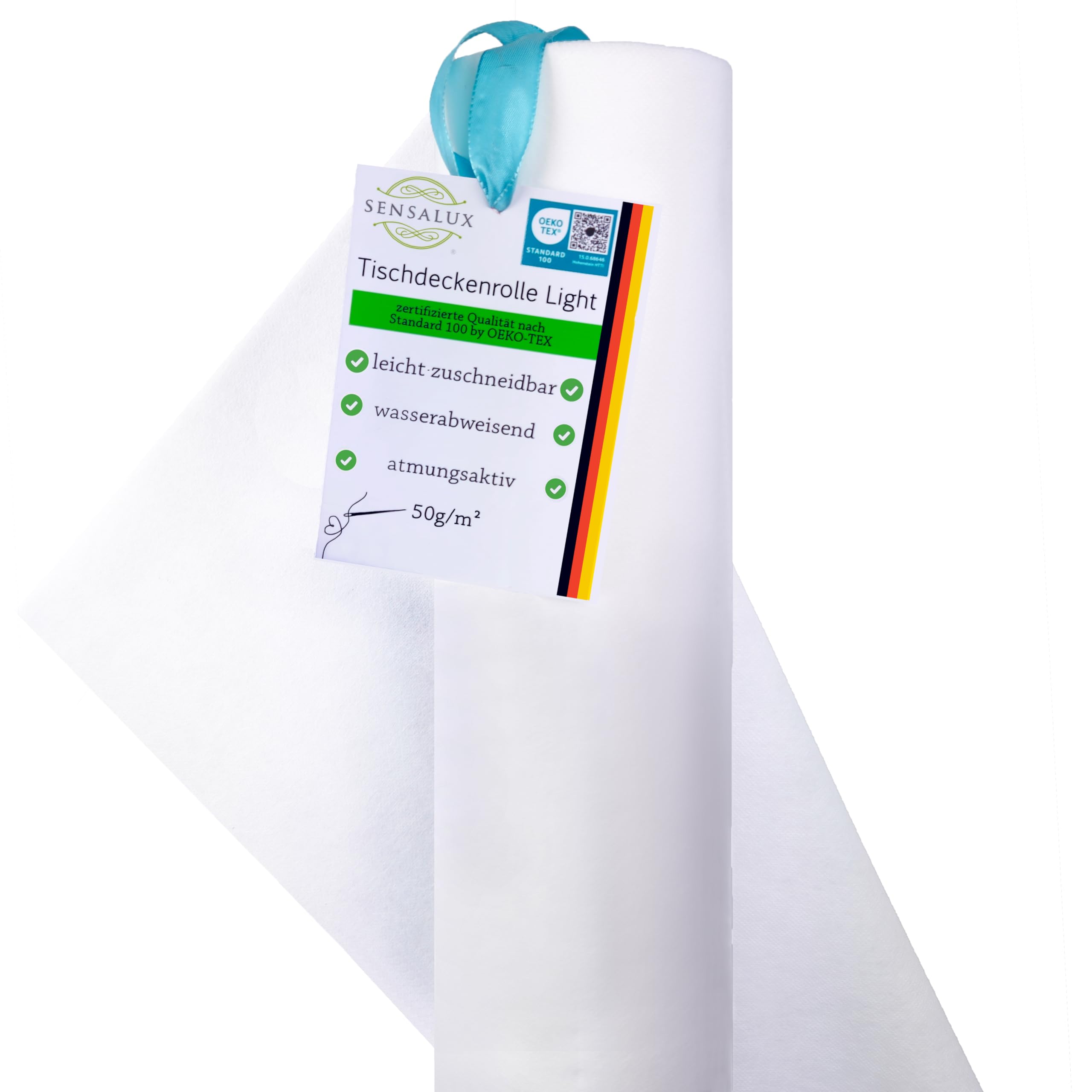 Sensalux Light Tischdeckenrolle aus Vlies, 1,10 x 25m – Abwaschbare Tischdecke mit Lotus-Effekt, stoffähnlich, Meterware für Party, Event & Feier – Made in Germany, weiß
