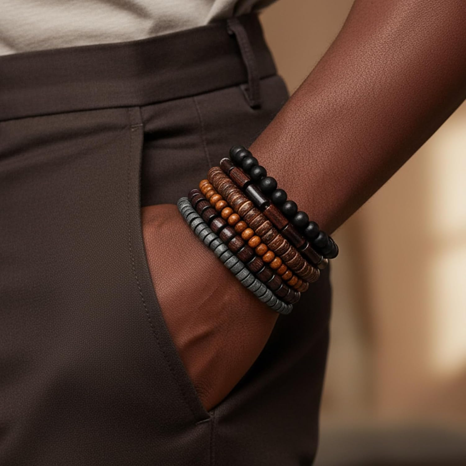 Sibba Wooden Mens Beaded Bracelets 6 PCS Adjustable Vintage Multi-Layer Braided Leather Grunge Set Cuff Wrap Bangles Detachable Beaded Bracelets Elasticity Rope for Men and Women Christmas Gift