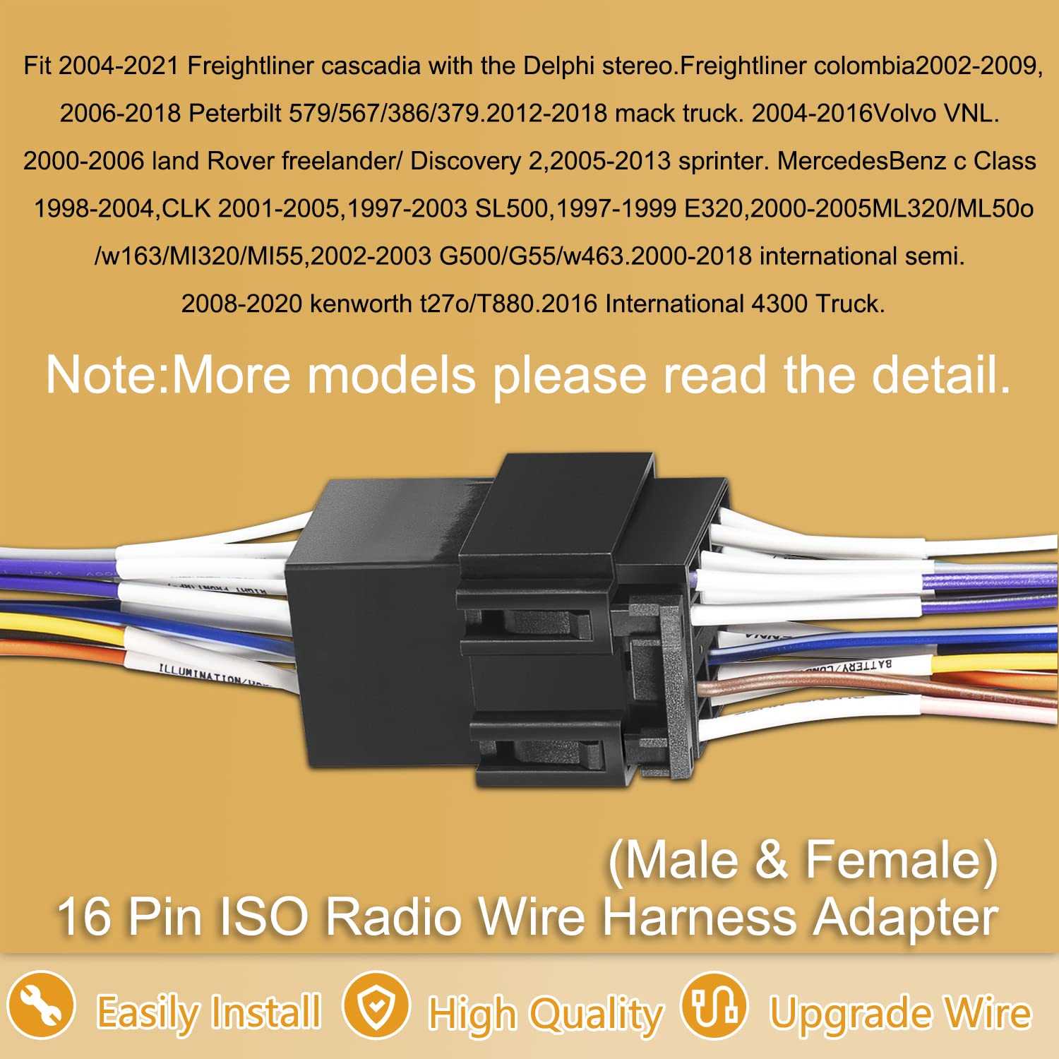 yourour 16 Pin ISO Radio Wire Harness Adapter for Peterbilt Freightliner Semi Truck International Volvo Sterling Mack Kenworth Stereo Connector to JVC Pioneer Kenwood Sony Android(Male & Female)