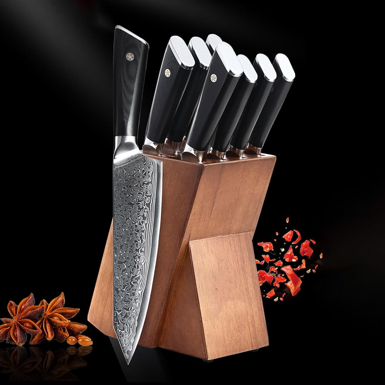 9-Piece Damascus Kitchen Knife Block Set Black Rivet Handle Knife Set Forged German Stainless Steel for Chef Knife