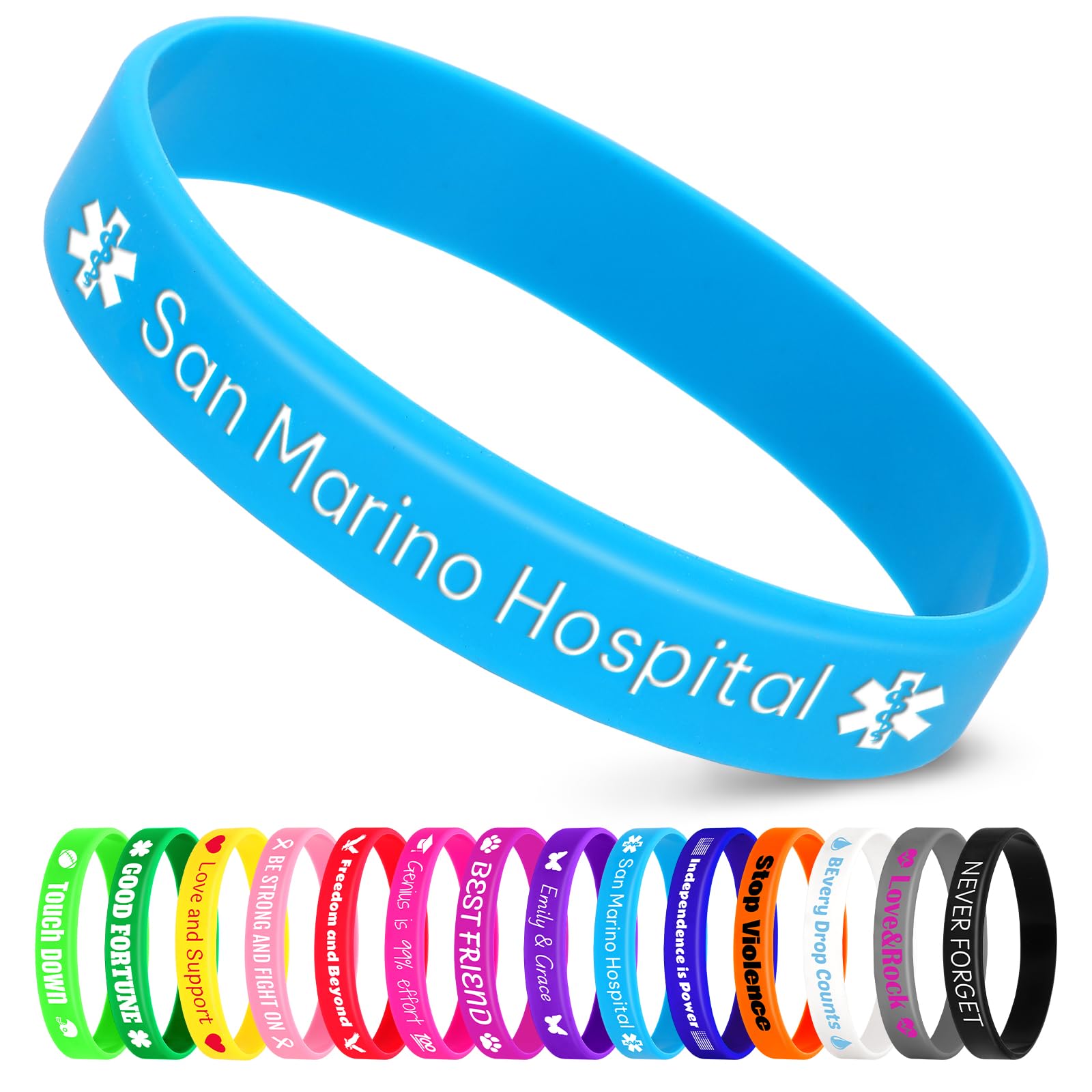 Jodimitty 250Pcs Personalised Wristbands Silicone Wristbands for Men Women Adults, Custom Text & ICON, Bulk Wrist Bands for Event Party Festival Wedding Awareness Motivation, 202x12mm (Sky Blue)