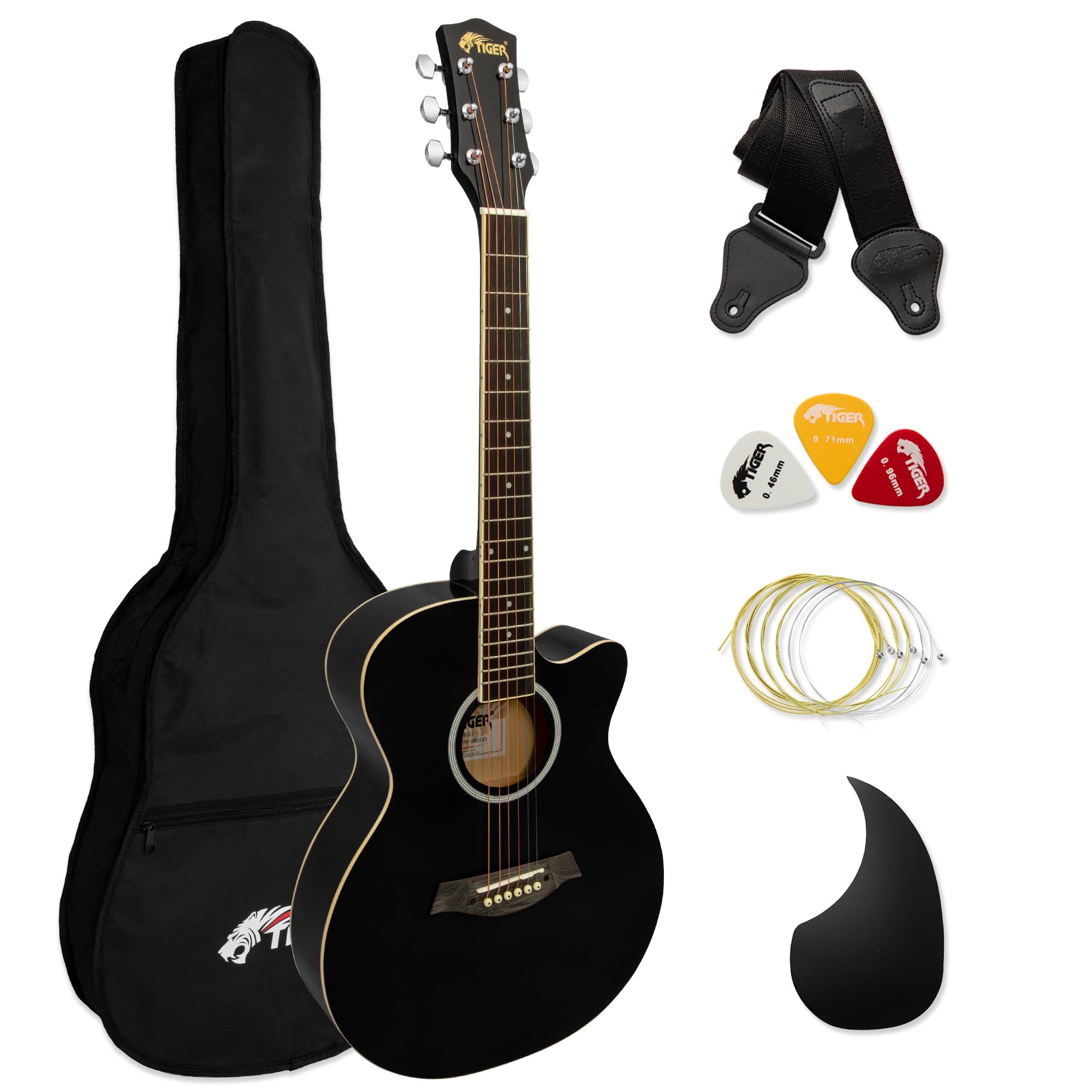 TIGER AL-ACG1-BK Small Body Full Size Acoustic Guitar for Beginners - Black - Now with 6 Months Free Lessons Included