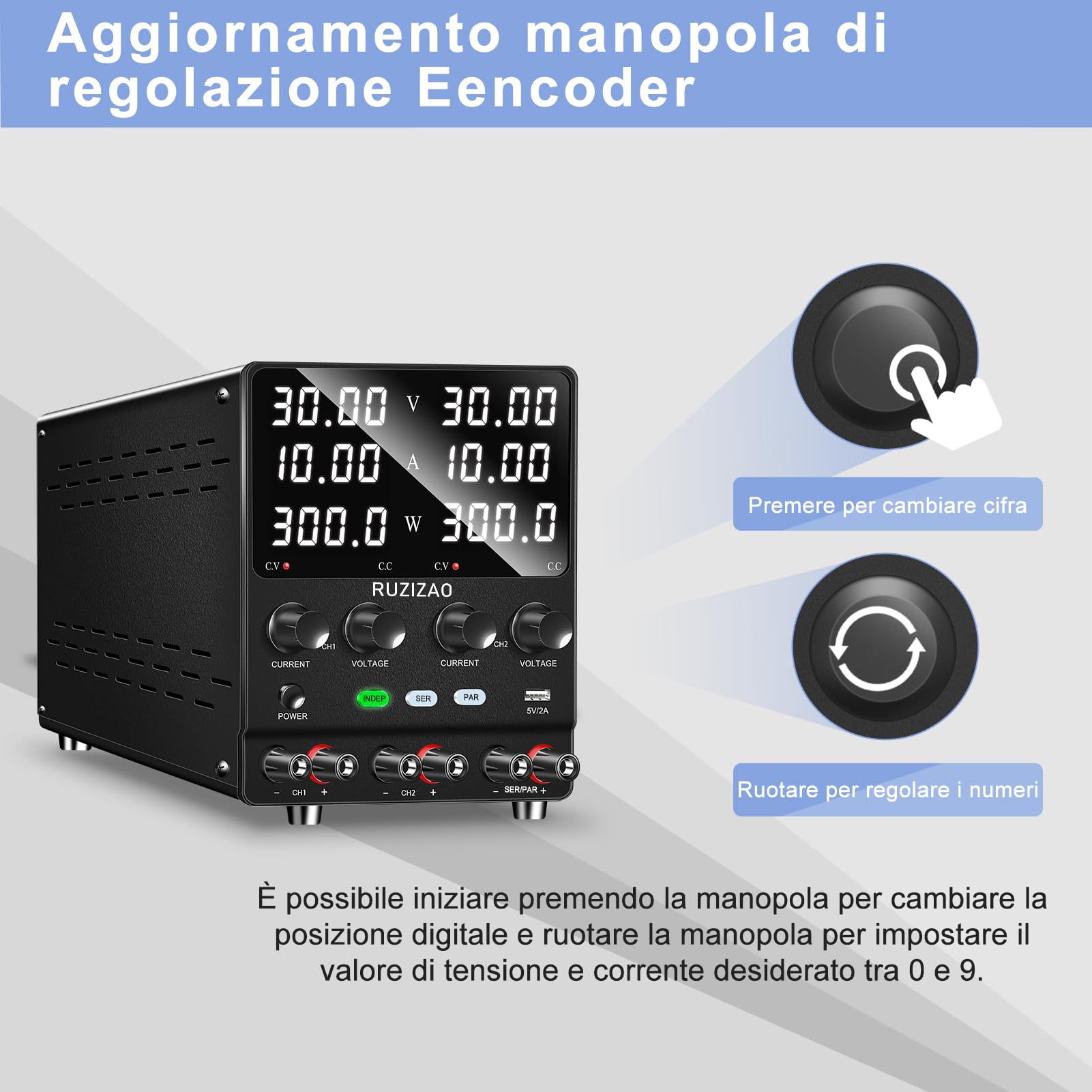 Alimentatore da Banco 30V 10A 300W Doppio Alimentatore Corrente Continua Alimentatore Laboratorio 60V10A/30V20A Regolabile in Serie/in Parallelo con 4 in 1 Doppio 0-30V 0-10A, Manopola Encoder