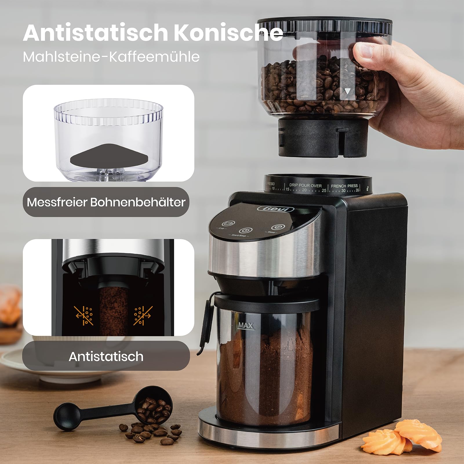 Gevi Elektrische Burr Kaffeebohnenmühle, 35 Mahlgradeinstellungen, 51 & 58 mm Siebträgerhalter