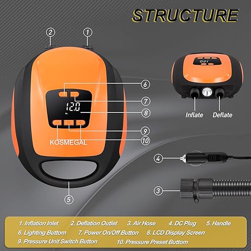 Miniatura 4 de Bomba de tabla de remo eléctrica portátil, bomba SUP para paddleboard, compresor de aire de 20 PSI con apagado automático, función de desinflación y