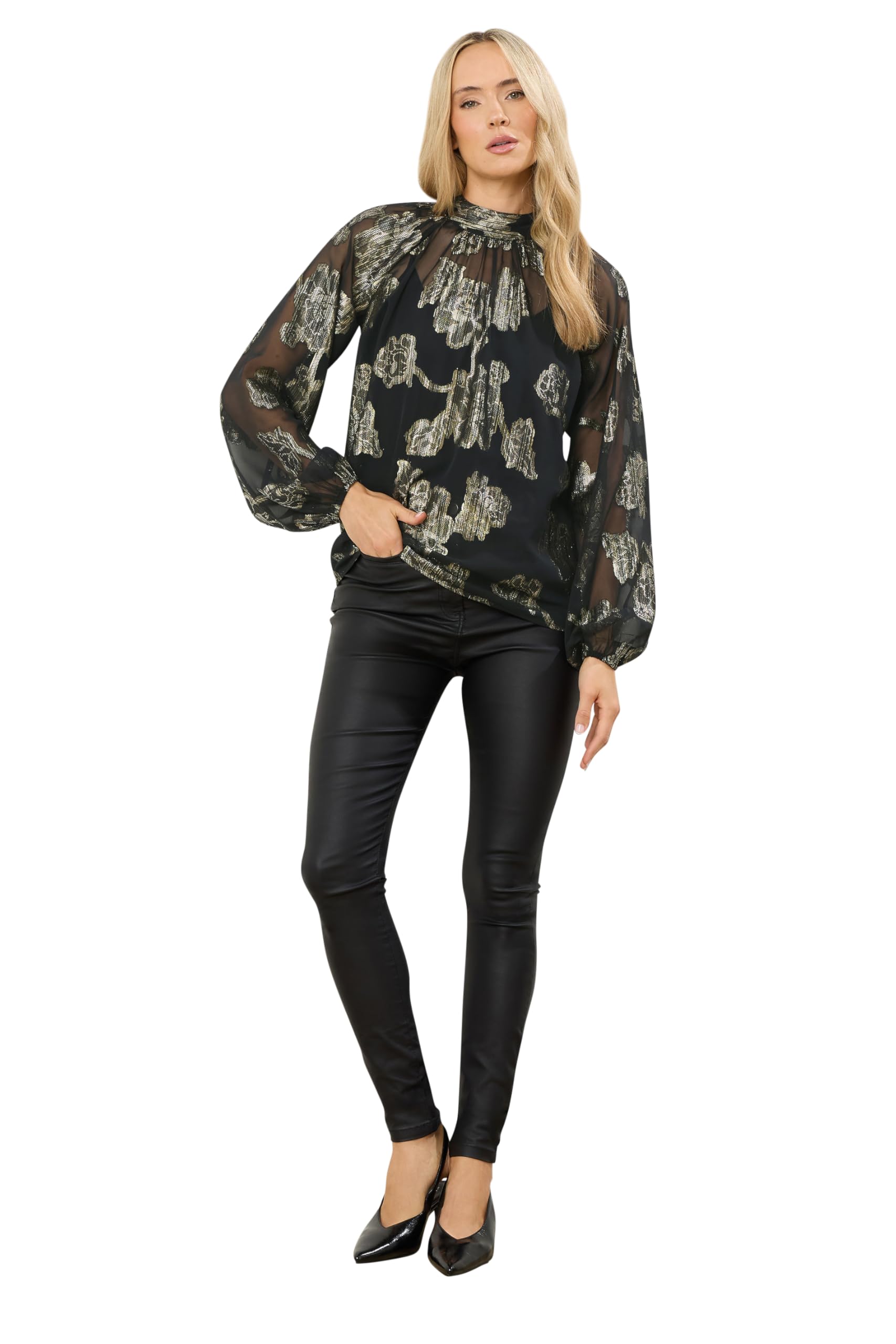 Long Tall Sally Women's Black - Lts Tall Floral Jacquard High Neck Blouse