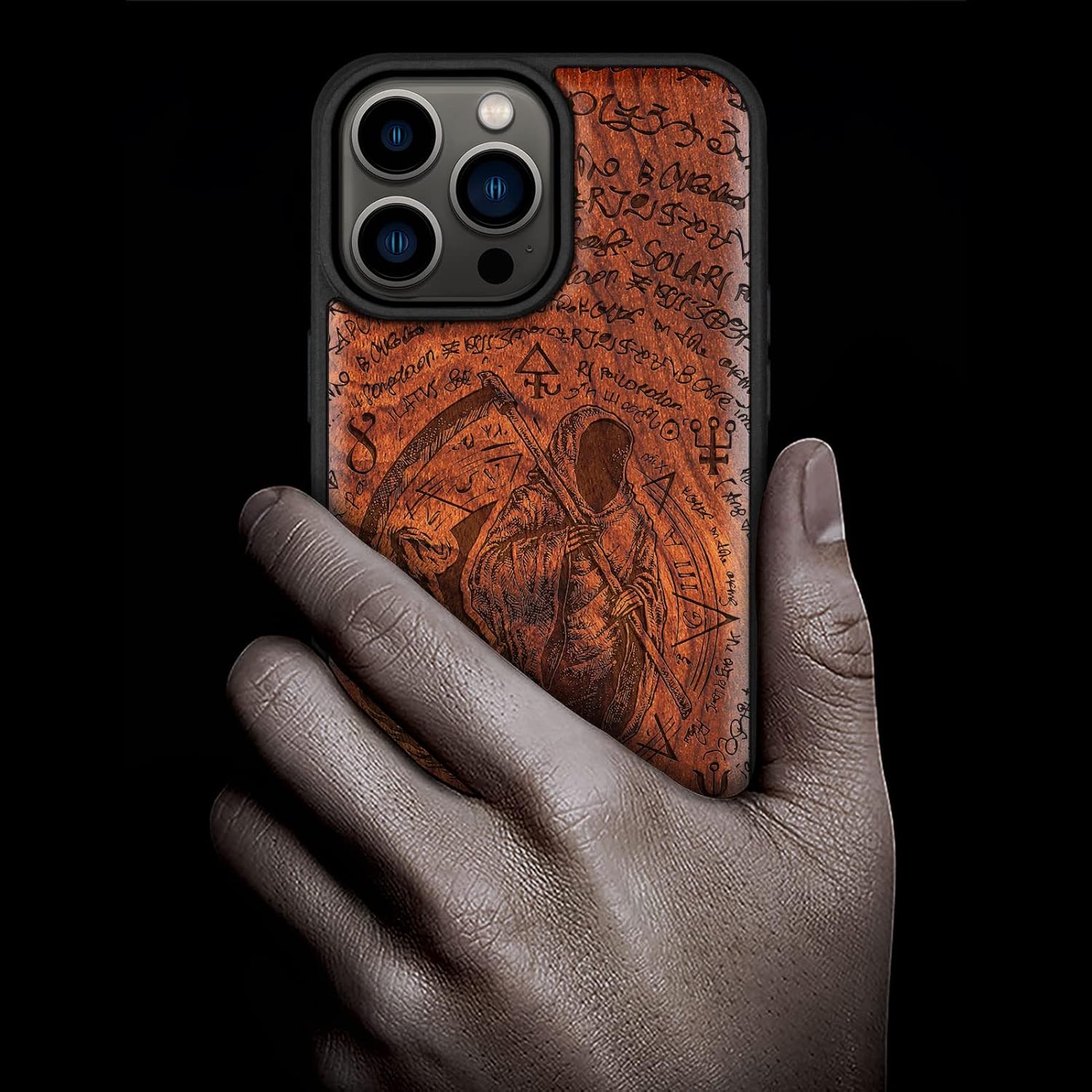 Carveit Magnetic Wood Case for iPhone 14 Pro Max [Natural Wood & Black Soft TPU] Shockproof Protective Cover Unique Wooden Case Compatible with magsafe (The Grim Reaper of Carved -Rosy)