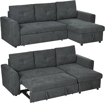 HOMCOM 3 Seater Sofa Bed L Shaped Pull Out Sofa Bed with Storage Dark Grey