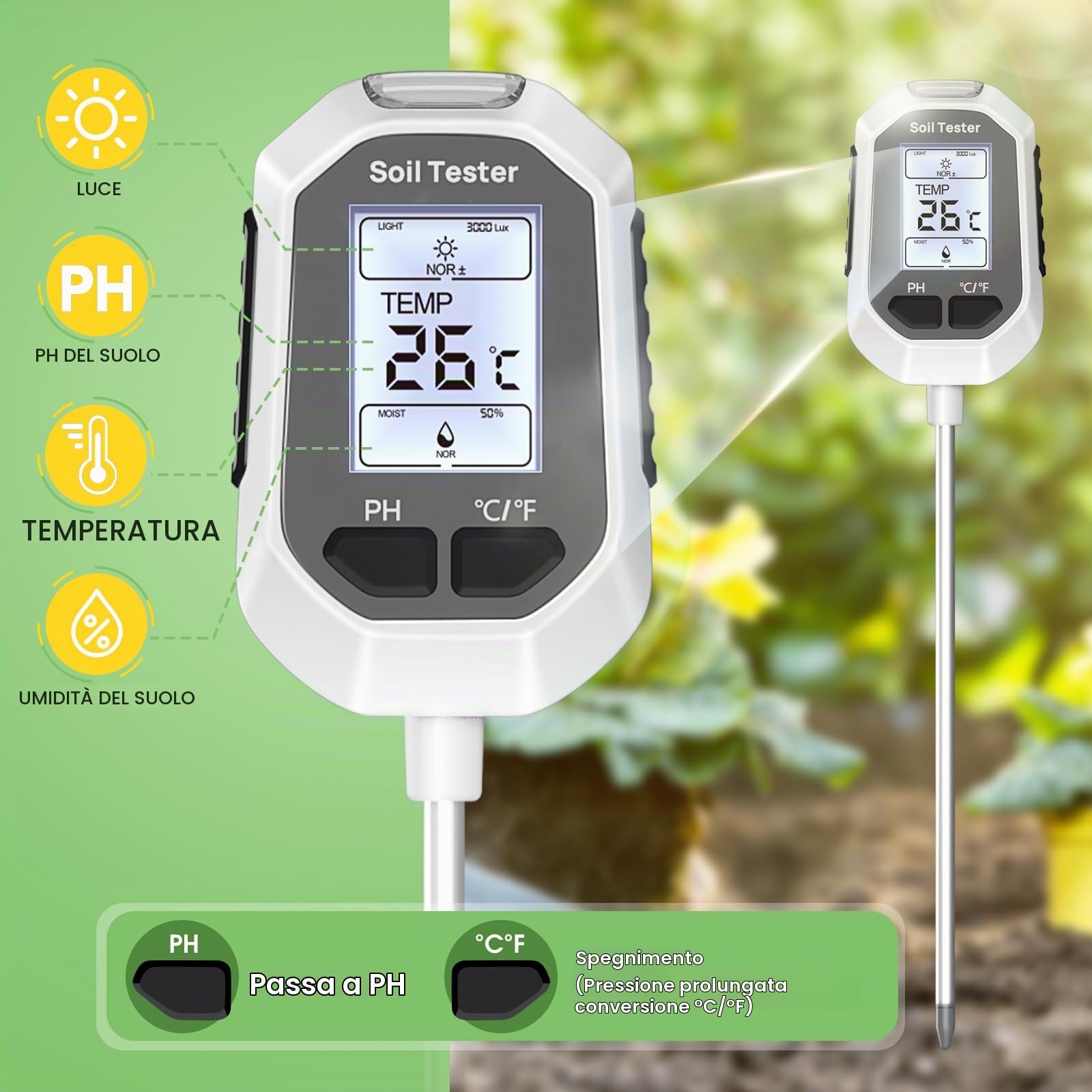 YAMRON - Misuratore di umidità 4 in 1 per piante, temperatura digitale del pavimento, umidità del pavimento, misuratore di pH, intensità della luce solare, display LCD, misuratore di prova a pavimento