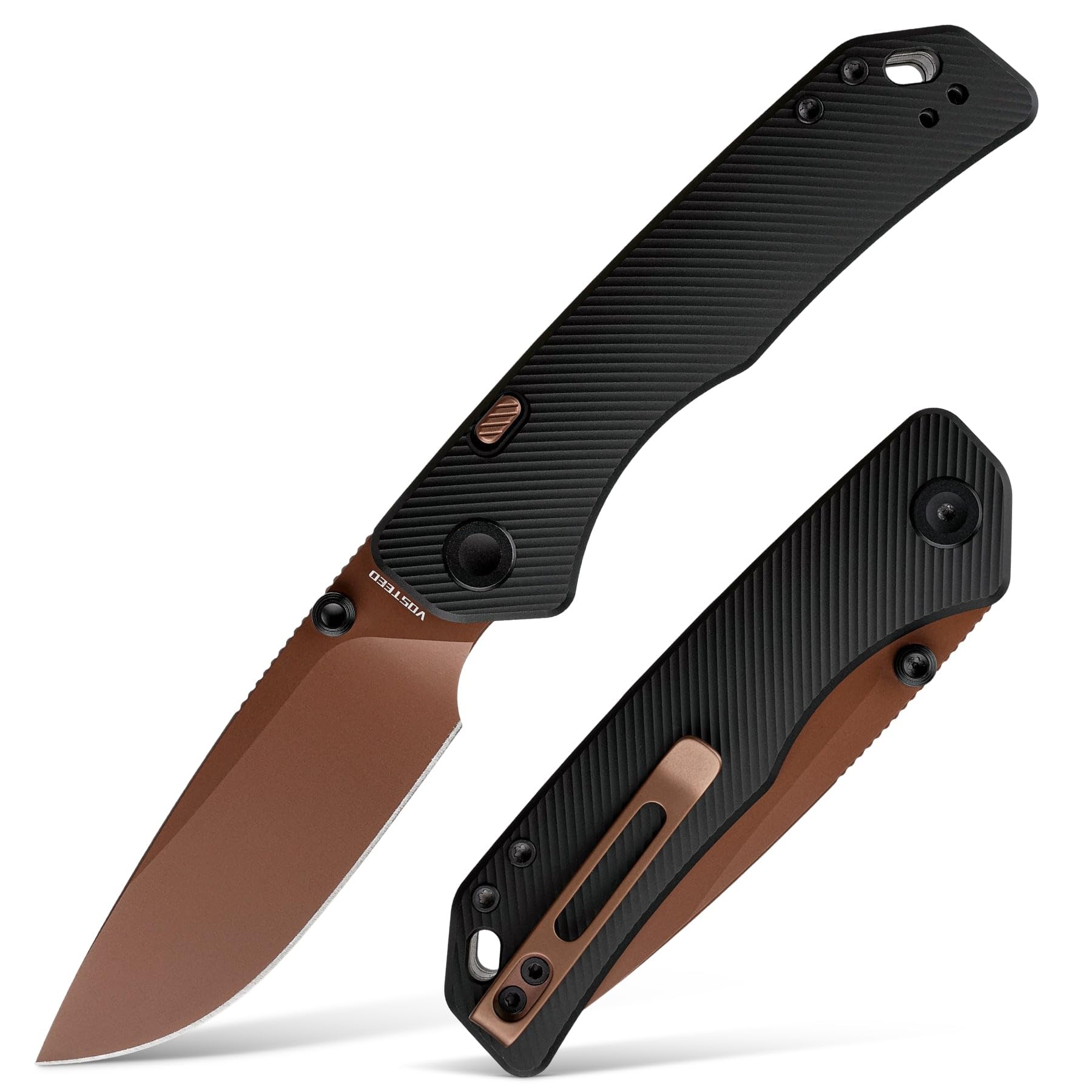Vosteed Marten EDC Folding Pocket Knife - 3.30" 154CM Copper Dune Blade - Top Liner Lock, Black Aluminum Handle - Camping, Hunting Knives - A1613