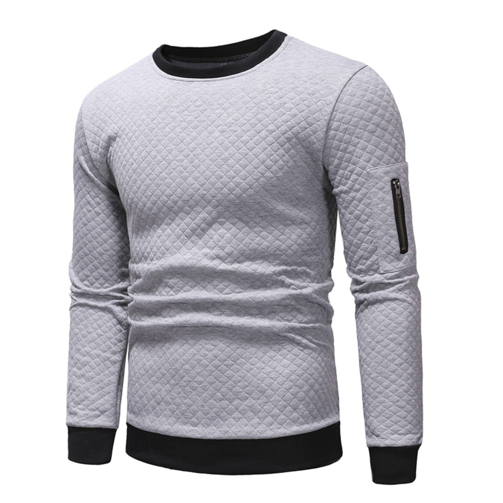 Mens Crew Neck Waffle Basic Pullover Sweaters Lightweight Casual Long Sleeve Hipster Shirt Slim Fit Color Block Top (Medium,Light Grey)