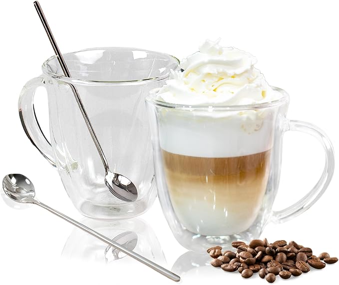 AYL Double Wall Clear Glass Coffee Mugs - 16 oz Insulated Clear Latte Mugs, Set of 2