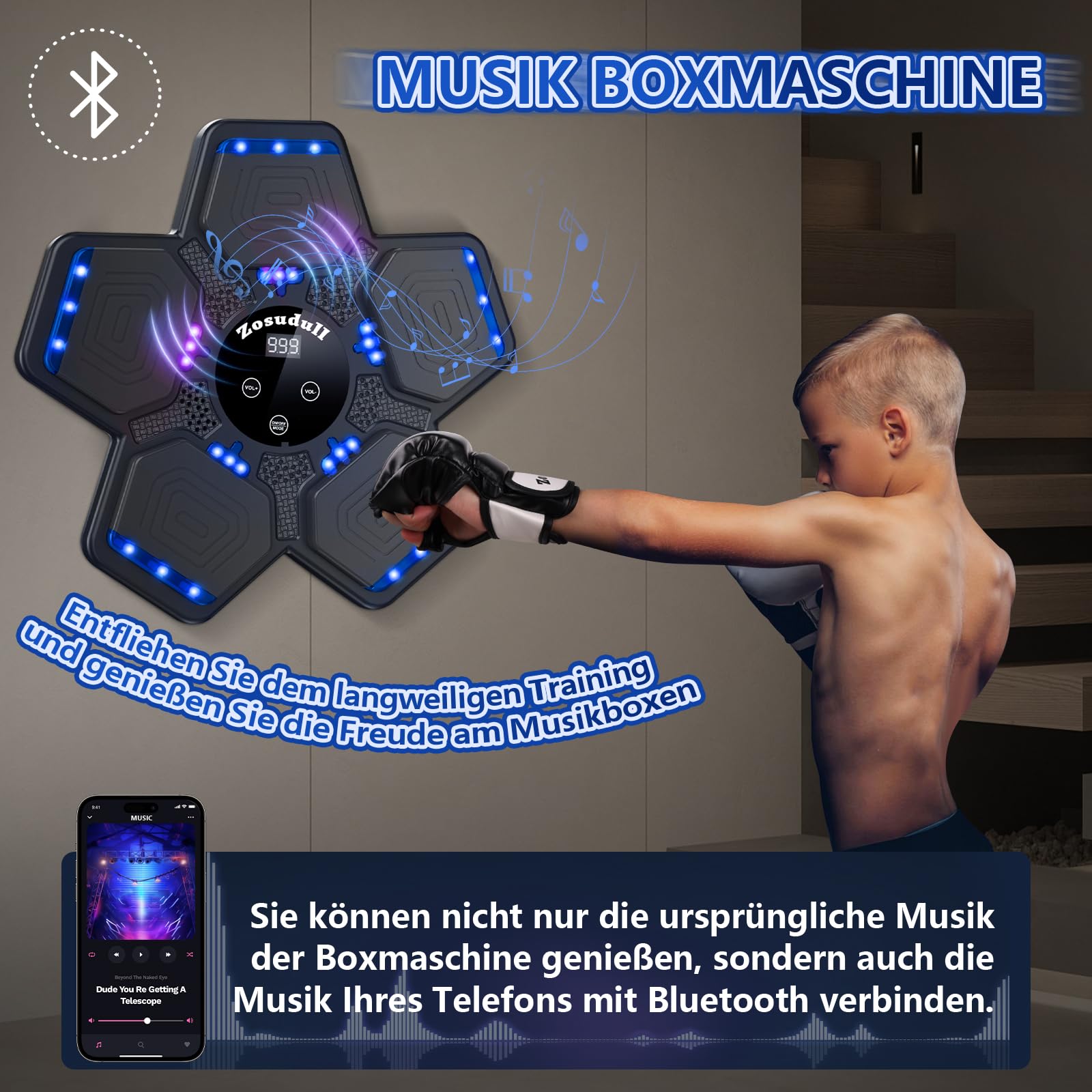 Music Boxing Machine, Intelligente Musik Boxmaschine mit LED-Licht,Bluetooth Boxgerät für Kinder/Erwachsene,Wandmontiertes Boxziel mit Boxhandschuhen,Geschwindigkeitseinstellung,Zählmodus