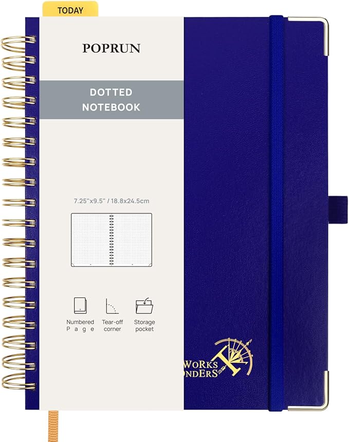 POPRUN Carnet pointillé à spirale 7-1/4" x 9-1/2" — 220 pages, papier 120 GSM, couverture rigide avec poche, onglets, bleu royal