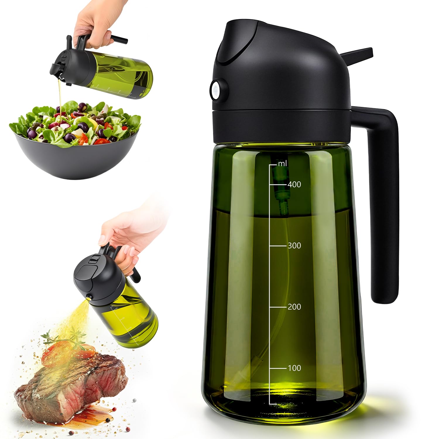 MRUN BONE 2 in 1 Ölsprüher für Speiseöl, UV-Schutz Sprühflasche Öl, 470ML Cooking Oil Sprayer, Ölausgießer für Heißluftfritteuse, Sprühöl, Zum Kochen,Grillen,Küche, Heißluftfritteuse