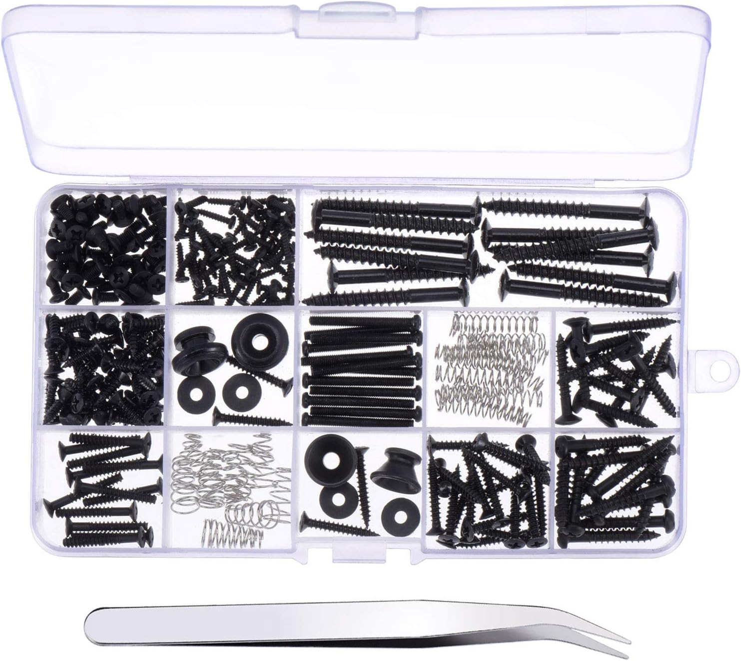 Canomo 254 Pieces Electric Guitar Screw Kit (9 Types) with Springs for Electric Guitar Bridge, Pickup, Pickguard, Tuner, Switch, Neck Plate, Guitar Strap Buttons and A Elbow tweezers, Black