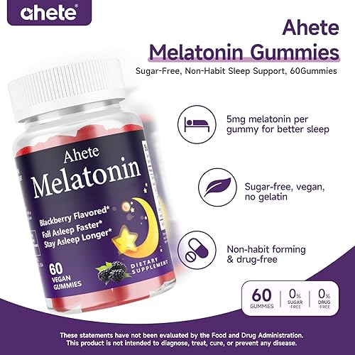 Miniatura 2 de Ahete Gomitas de melatonina de 5 mg para adultos, ayuda para dormir con sabor a frambuesa, sin azúcar, 120 gomitas, suministro para 120 días