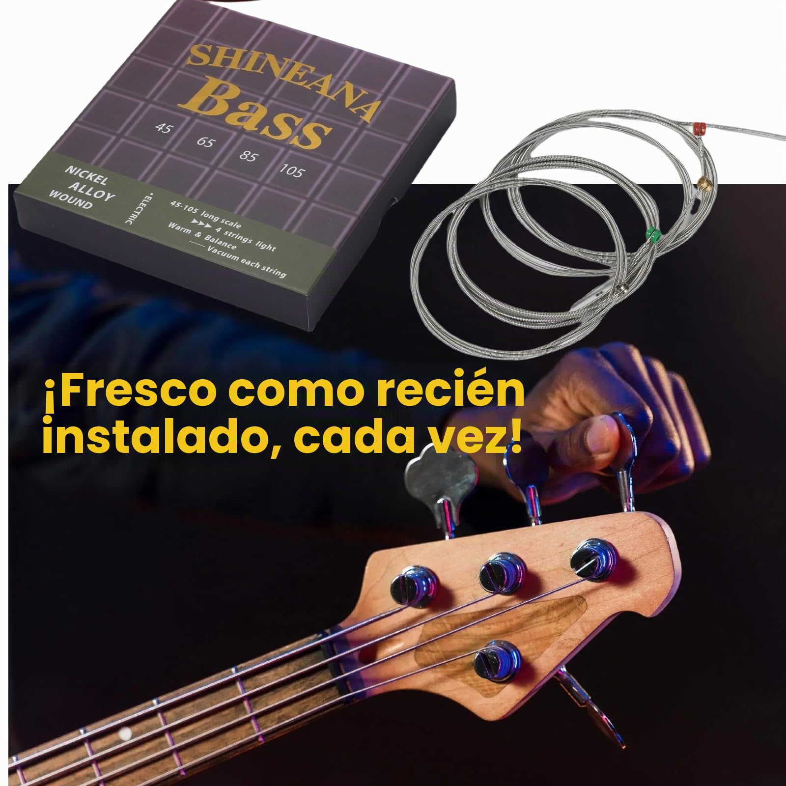 Cuerdas de bajo eléctrico de 4 cuerdas, aleación de níquel enrollada con núcleo de acero hexagonal alemán, revestimiento completo para mayor durabilidad, sellado al vacío (45-105 mediano), tacto suave