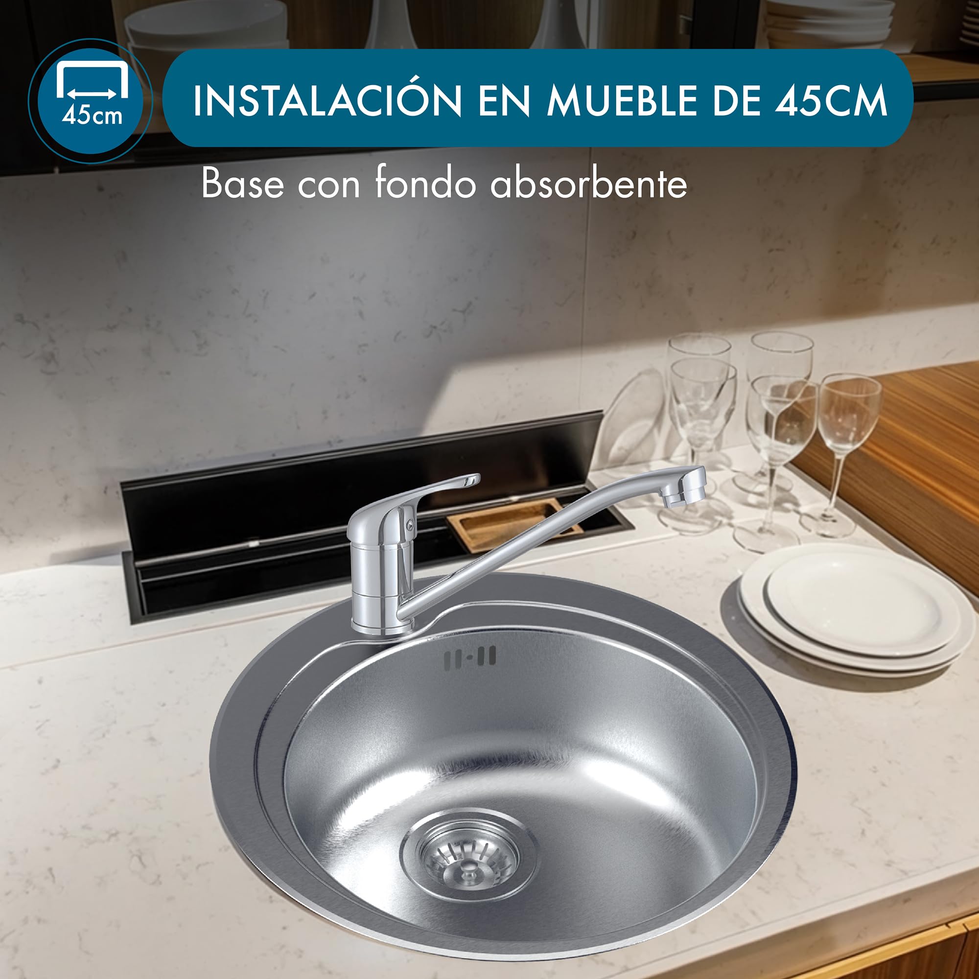 Fregadero Redondo Apelson ARC 38 Ø48,5 cm, Profundidad de 16 cm, Para Mueble de 45 cm, Incluye Sifón y Accesorios de Instalación, Acero Inoxidable