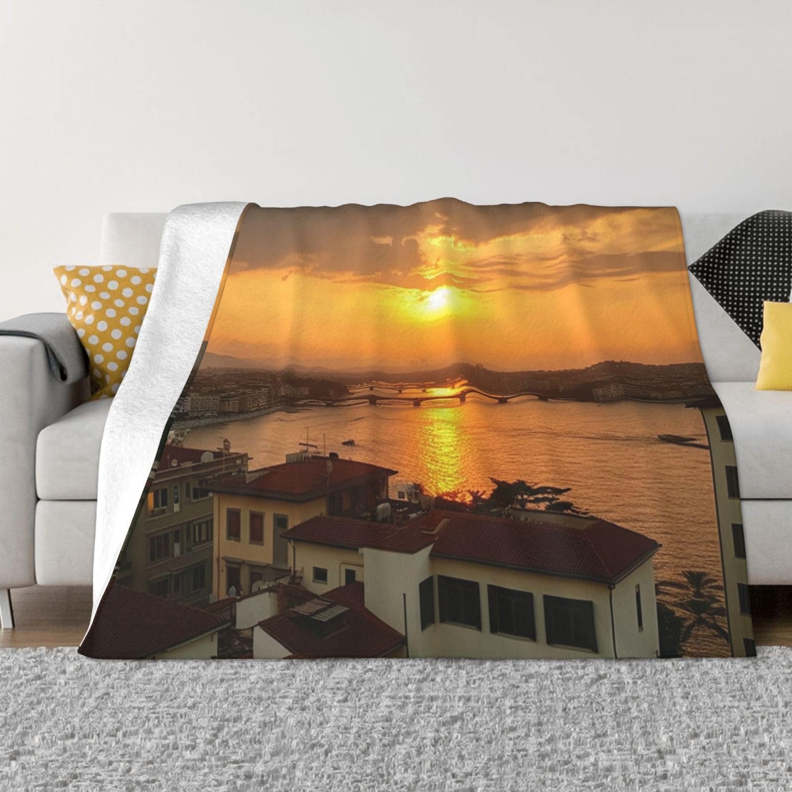 Couverture polaire en flanelle 203x152 cm motif coucher de soleil pour lit et canapé
